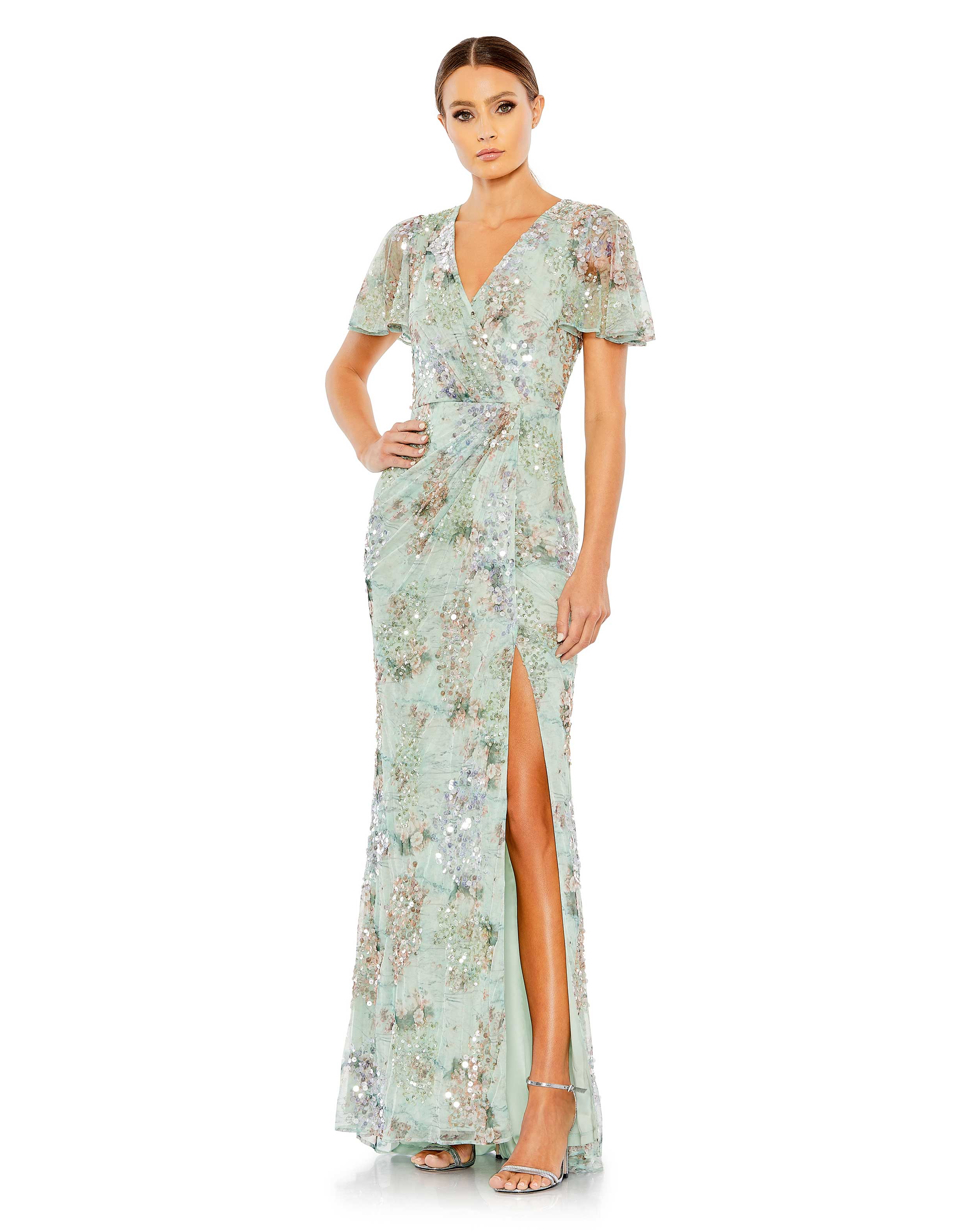 Embellished Butterfly Sleeve Faux Wrap Gown