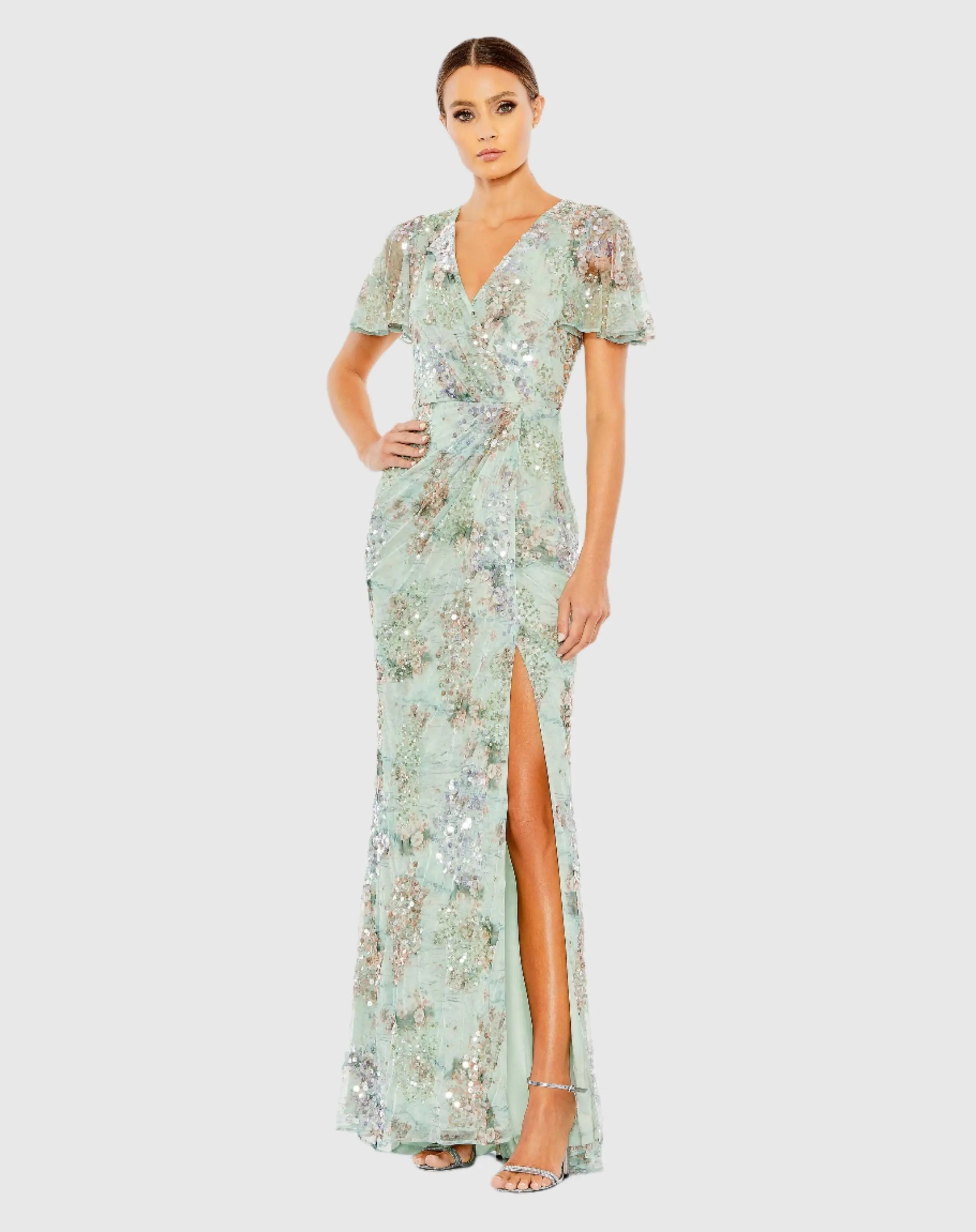 Green Flutter Sleeve Embellished Evening Gown Green Flutter Sleeve Embellished Evening Gown