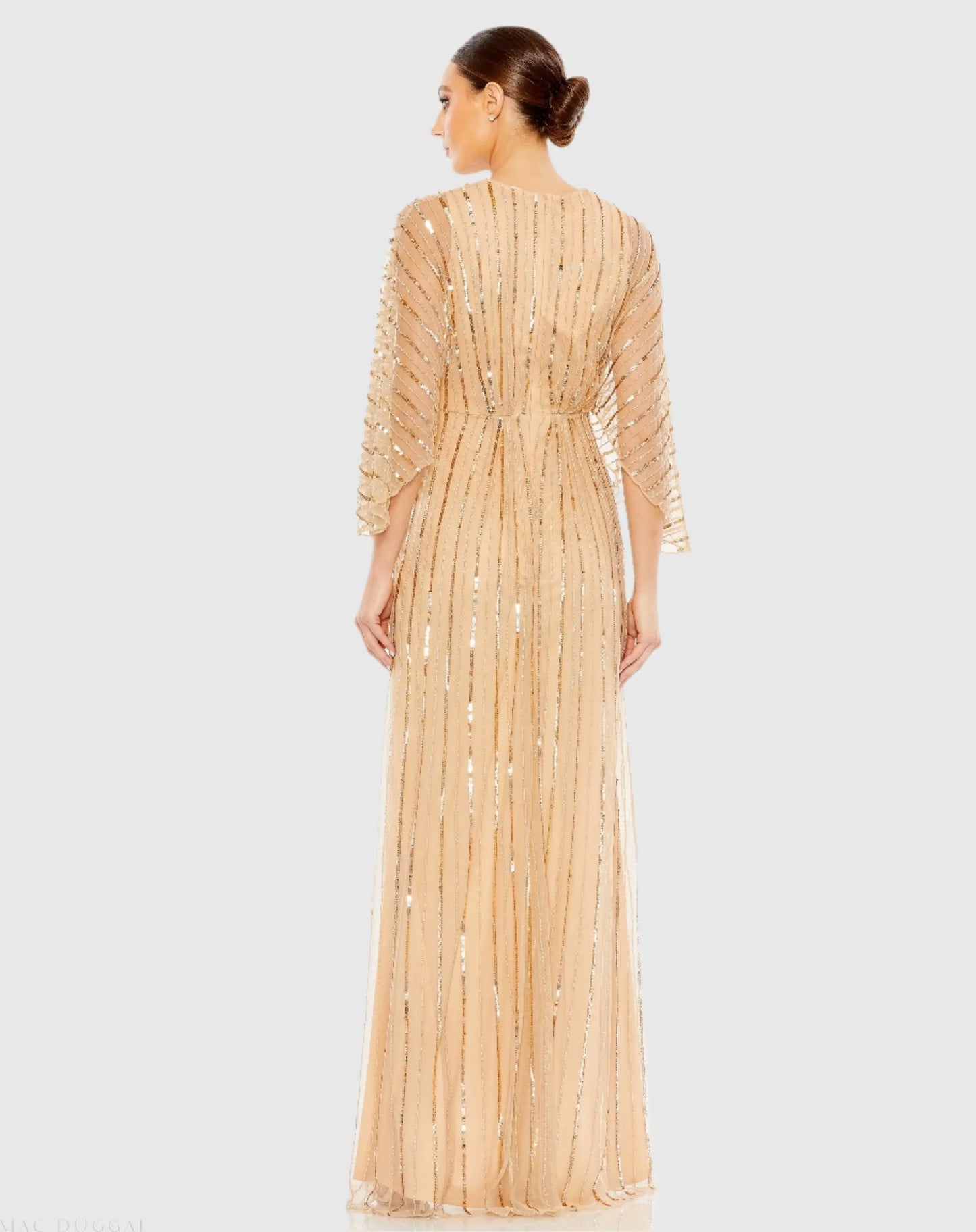 Beige Beaded Striping Kimono Sleeve V Neck Gown - Mac Duggal