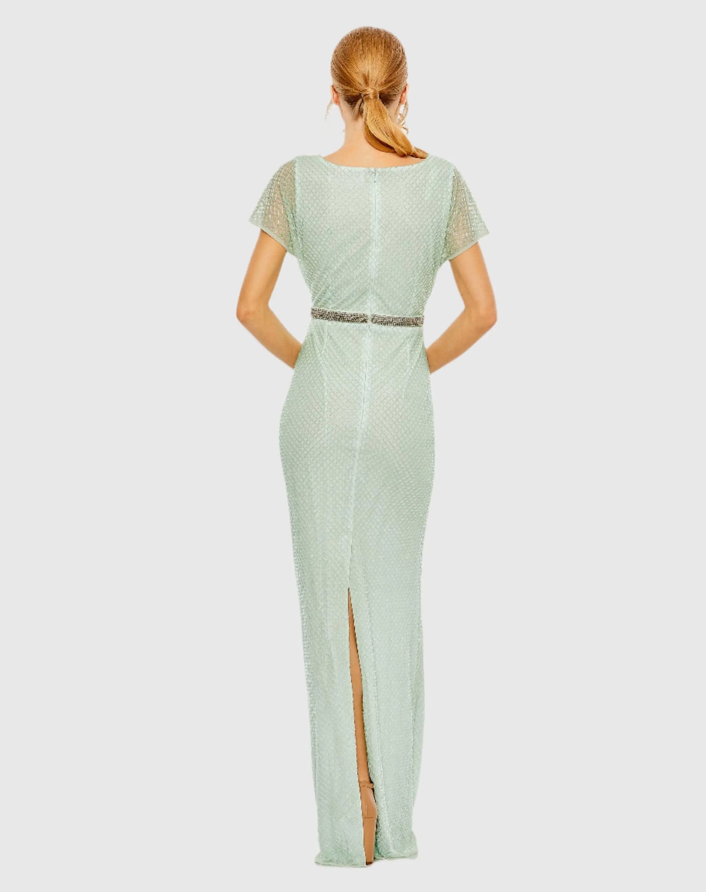 Green Short Sleeve Beaded V-Neck Gown - Mac Duggal