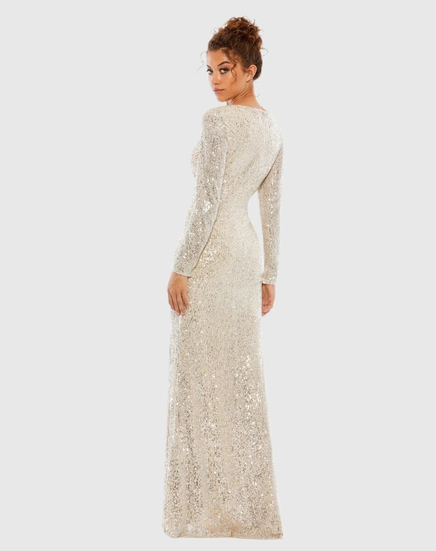 Beige Sequined Faux Wrap Long Sleeve Column Gown - Mac Duggal