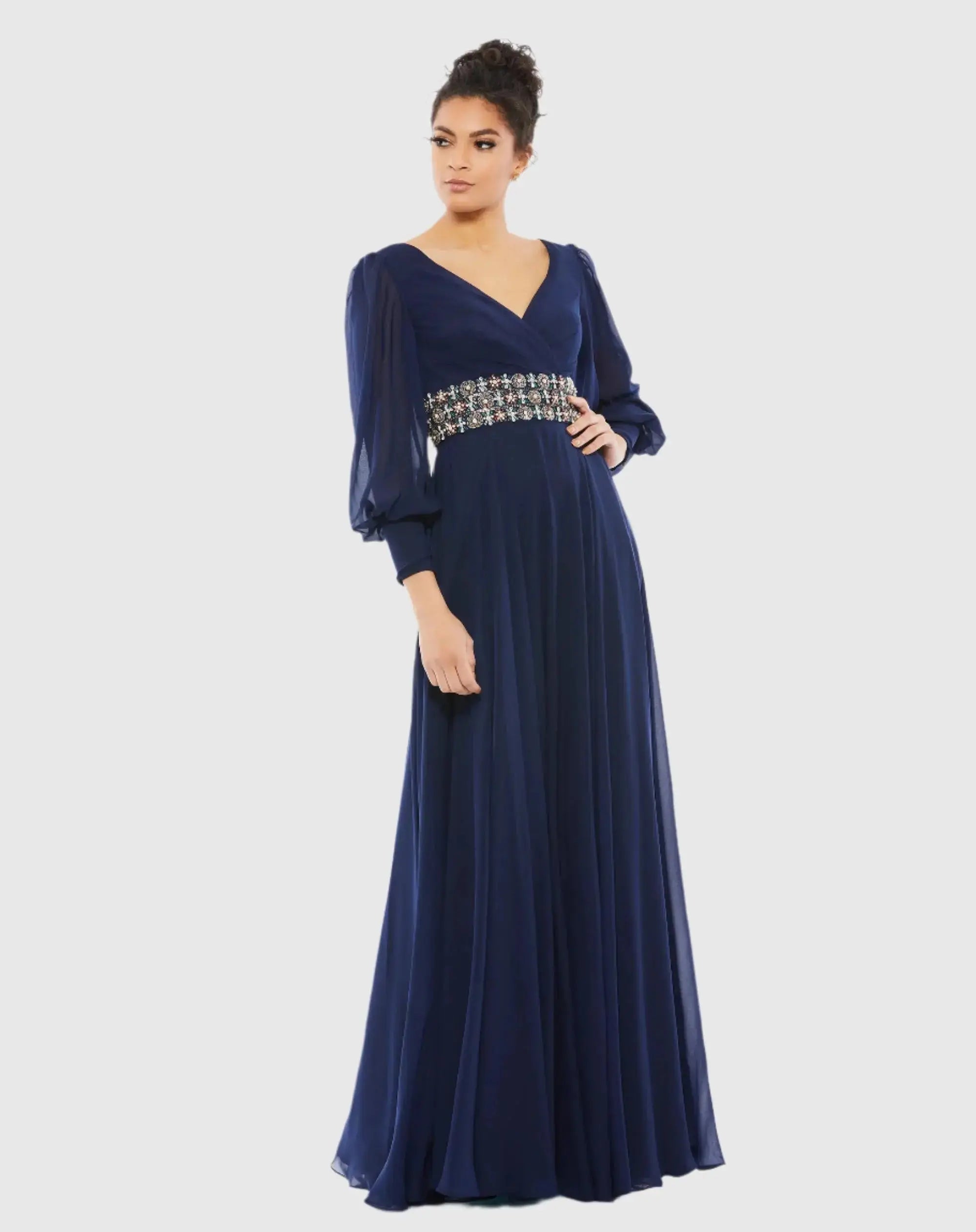 Bishop Sleeve Wrap Over Belt Detail Flowy Gown - Mac Duggal Bishop Sleeve Wrap Over Belt Detail Flowy Gown - Mac Duggal