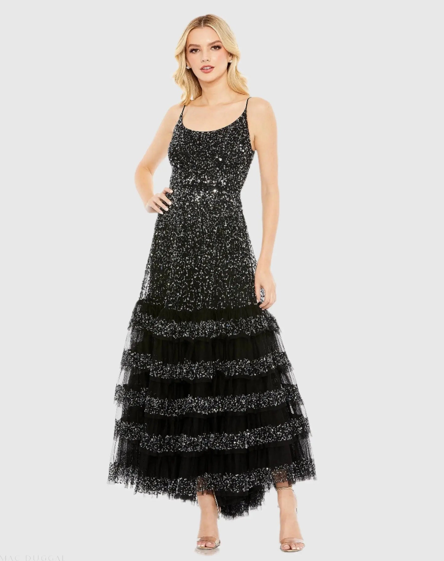 Black Embellished Scoop Neck Tiered Gown