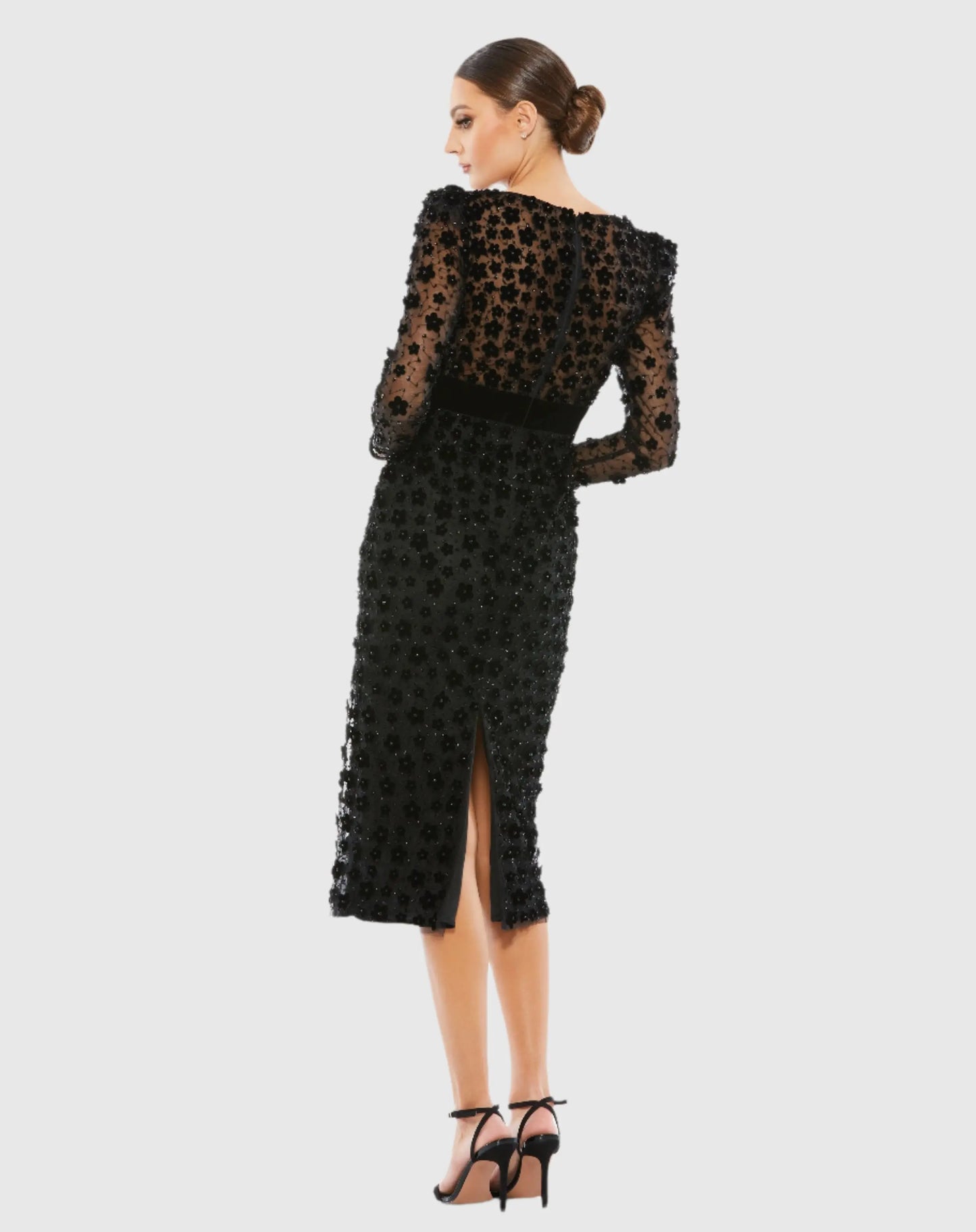 Black Embellished V Neck Illusion Long Sleeve Column Midi - Mac Duggal