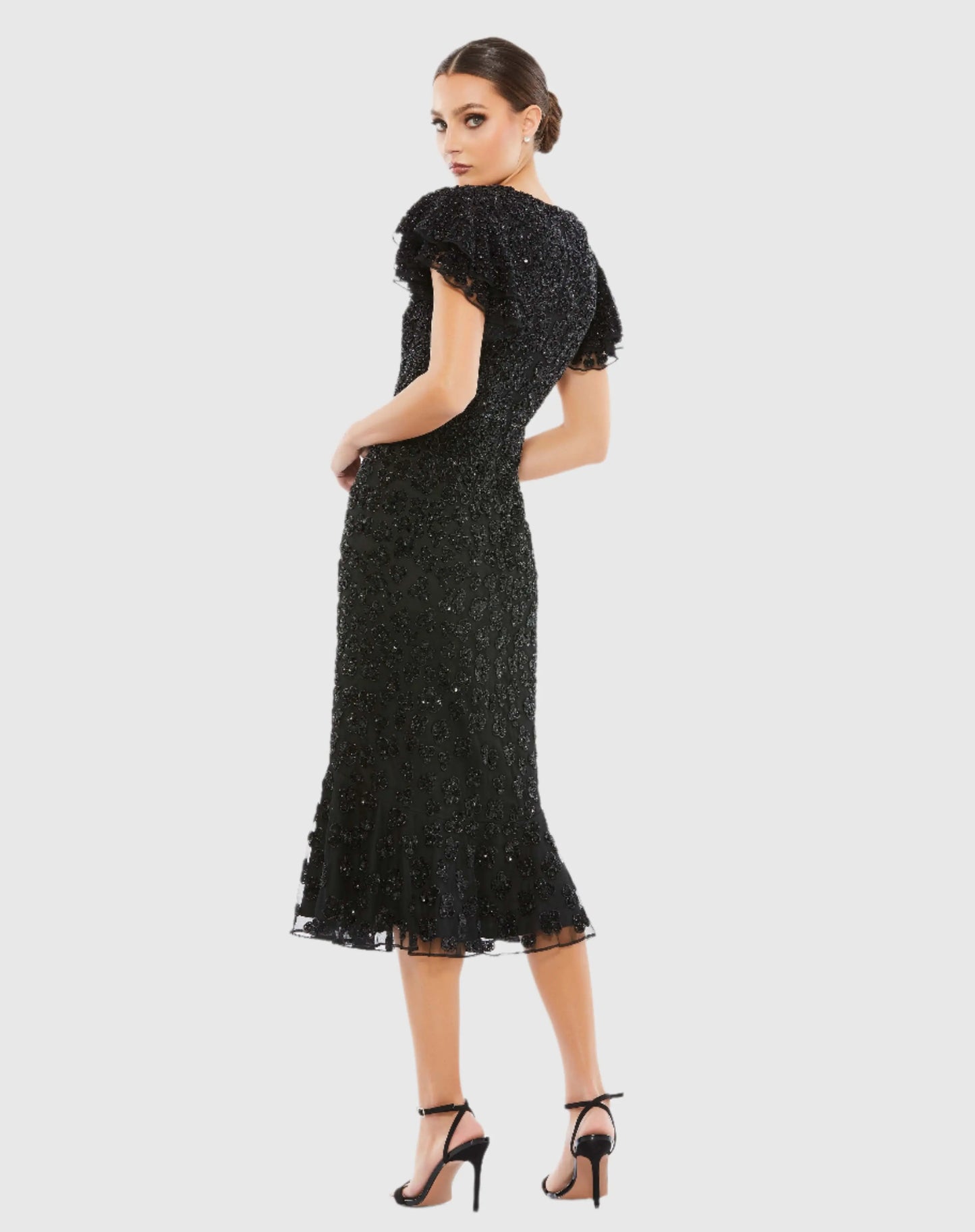 Black Hand Beaded Flounce Sleeve Midi Dress - Mac Duggal