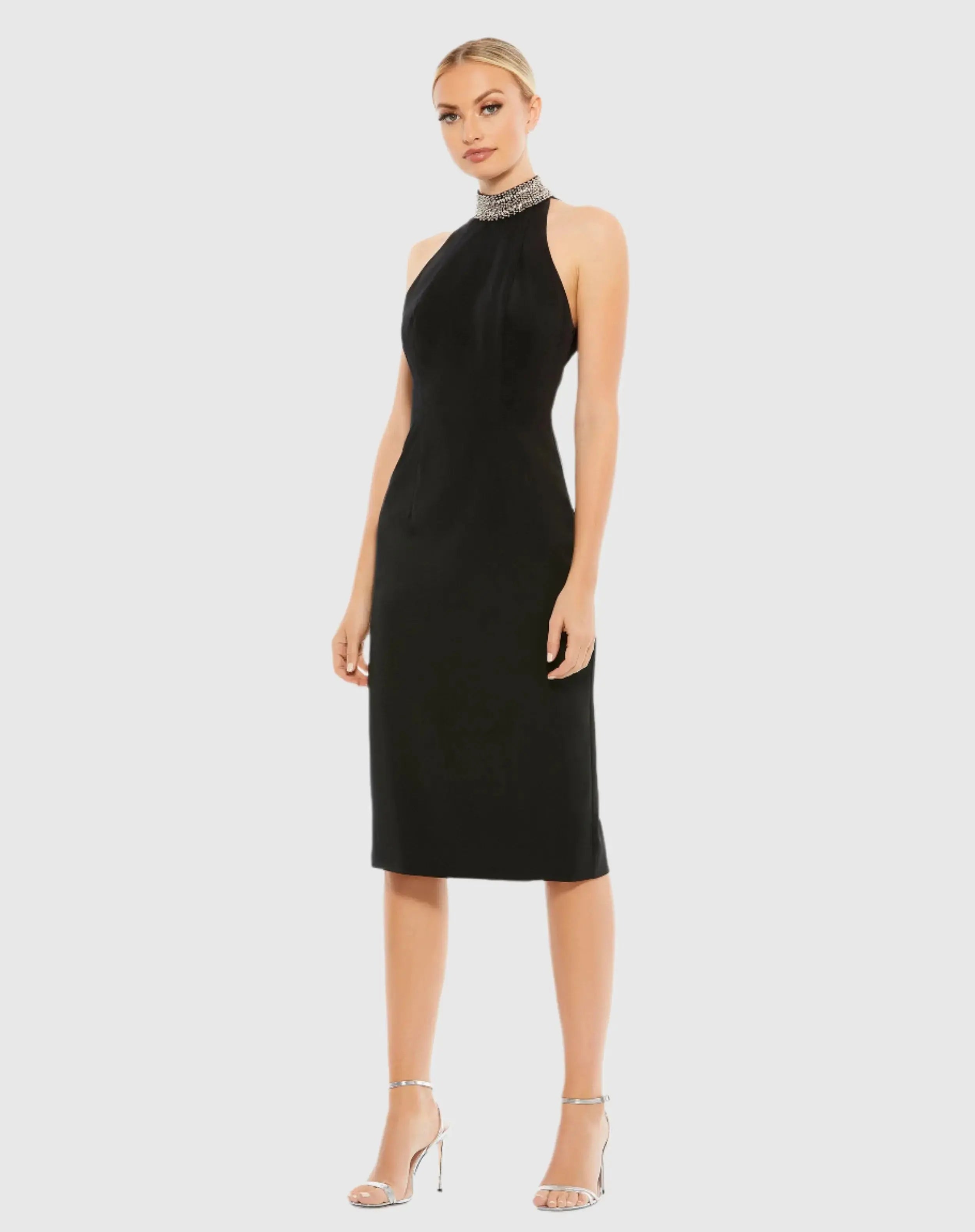 Open Back Jeweled Halter Midi Dress - Mac Duggal Open Back Jeweled Halter Midi Dress - Mac Duggal