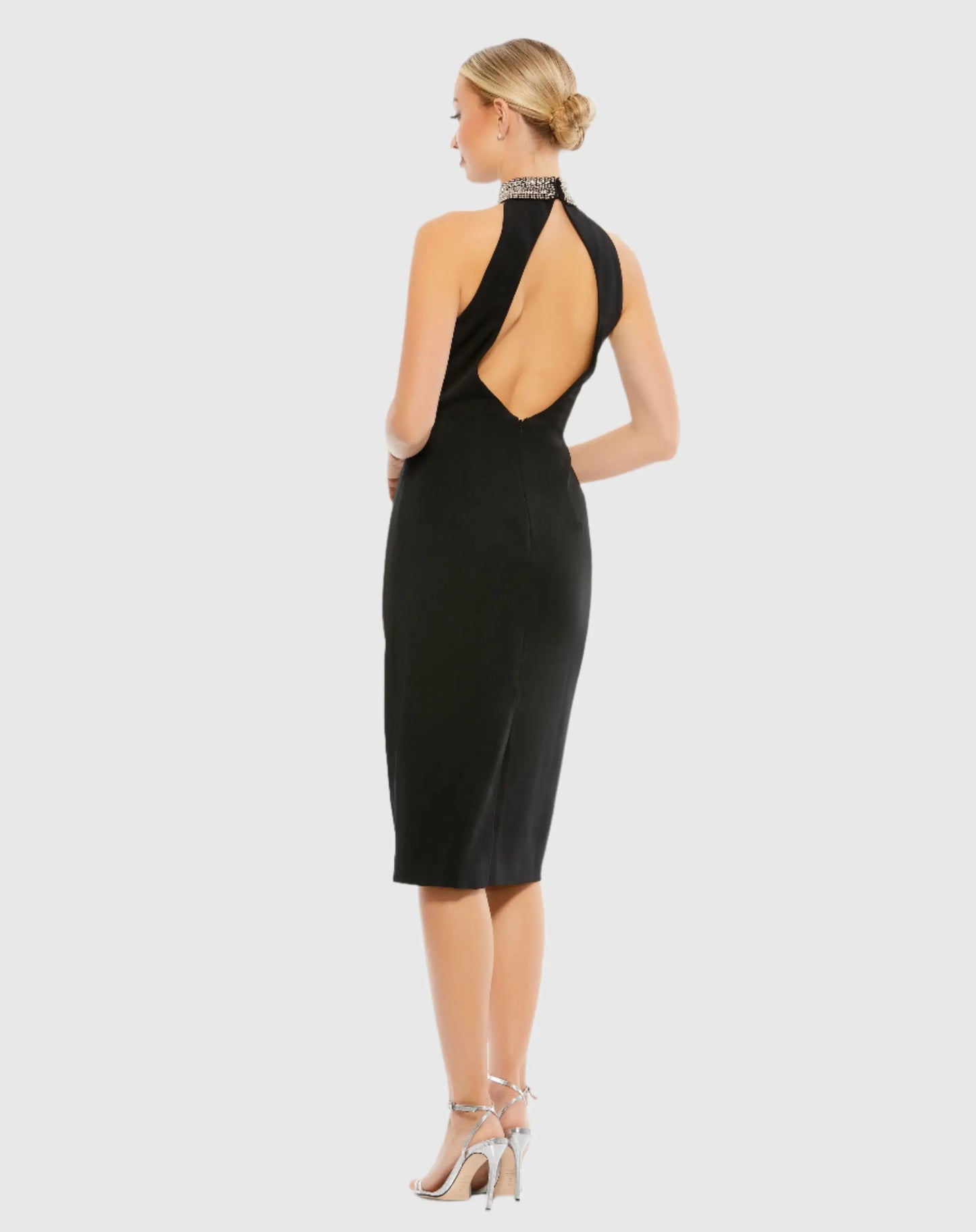 Black Open Back Jeweled Halter Midi Dress - Mac Duggal