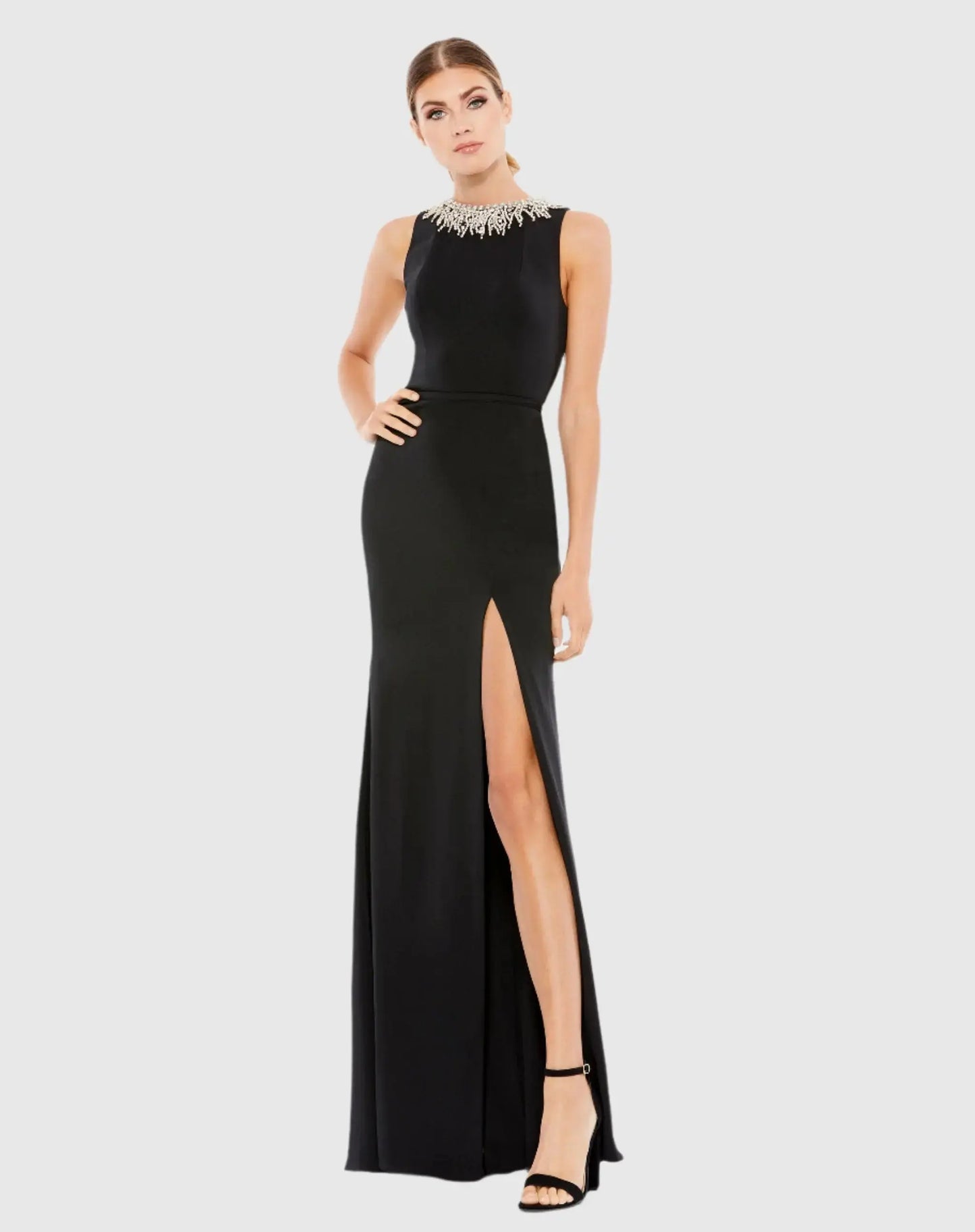 Black Sleeveless Rhinestone Collar Column Gown