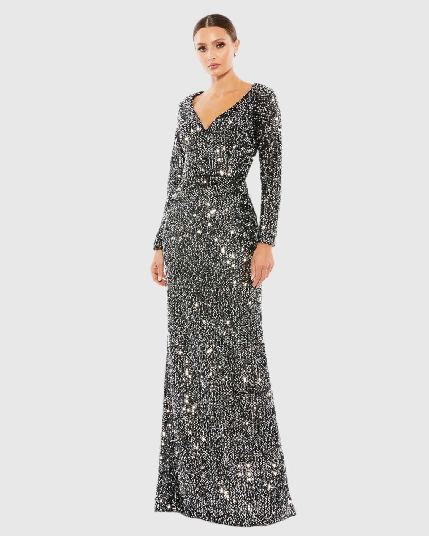 Black and Silver Long Sleeve Sequined Gown