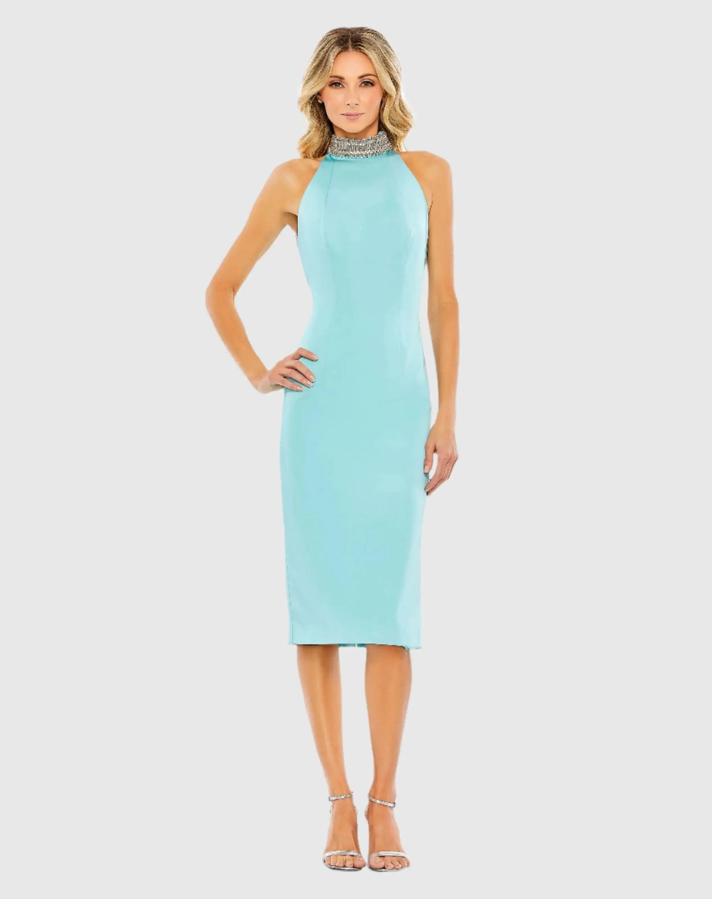 Blue Open Back Jeweled Halter Midi Dress - Mac Duggal