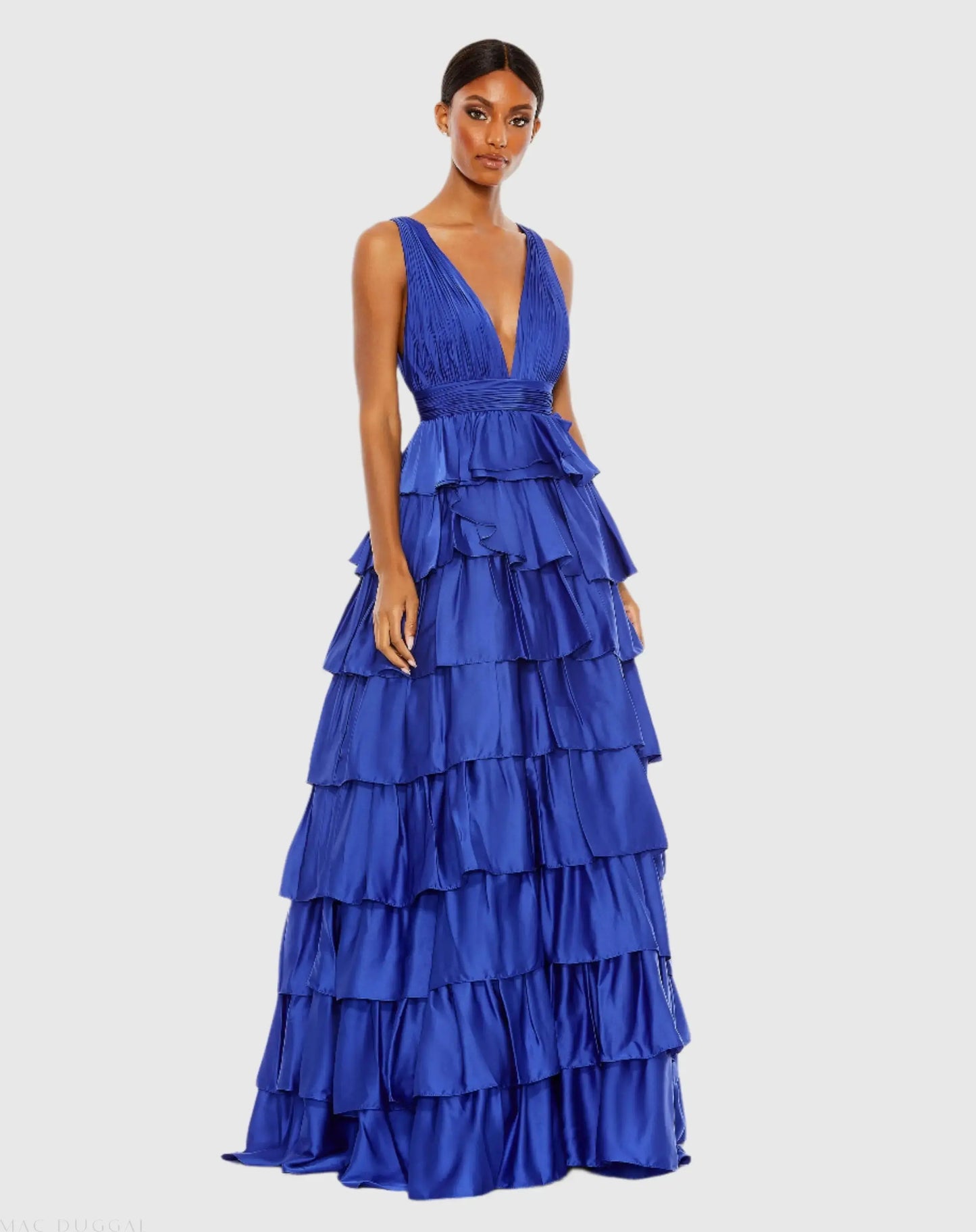 Blue Ruffle Tiered Pleated Sleeveless V Neck Gown - Mac Duggal