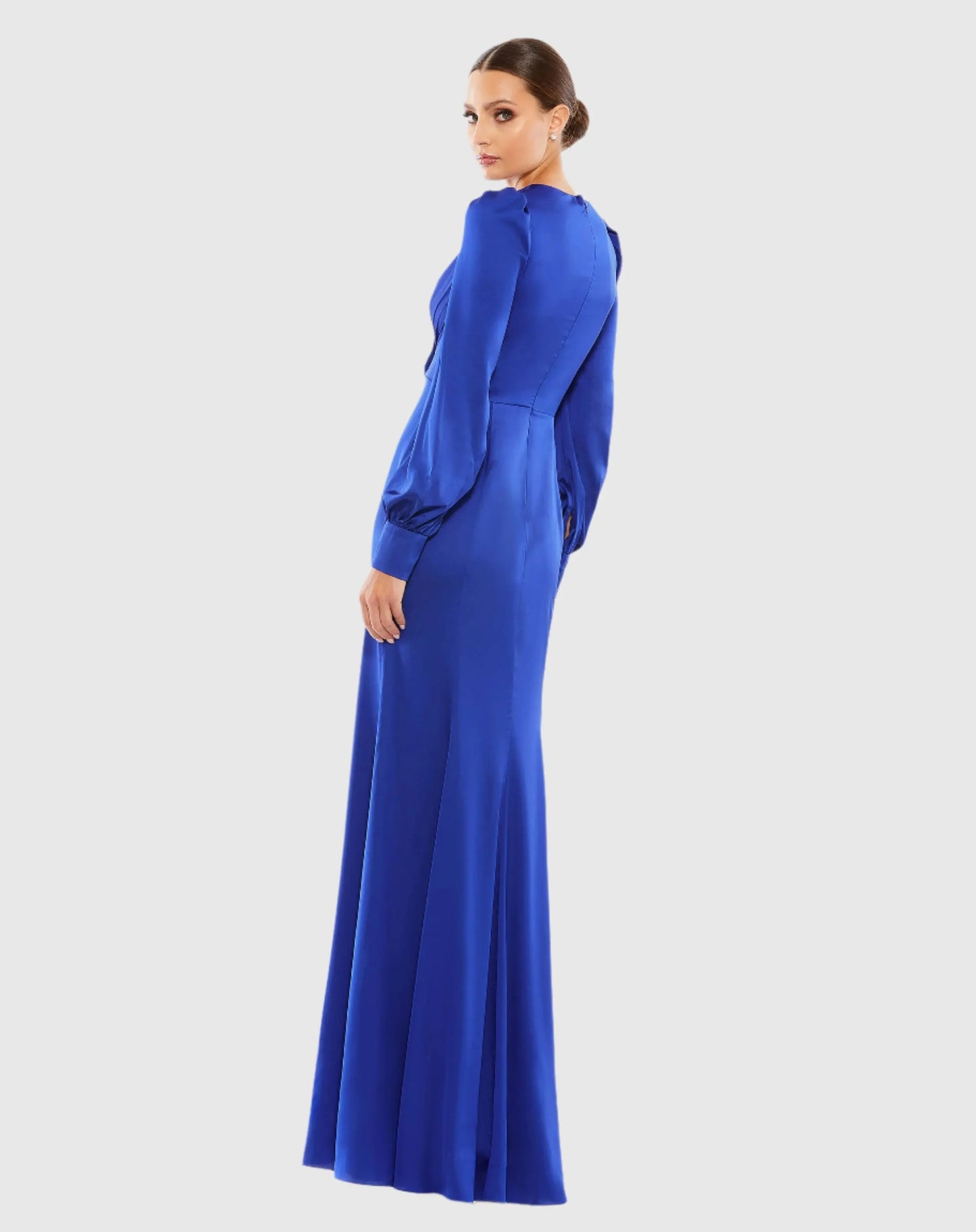 Blue Satin Ruched Bishop Sleeve Gown - Mac Duggal