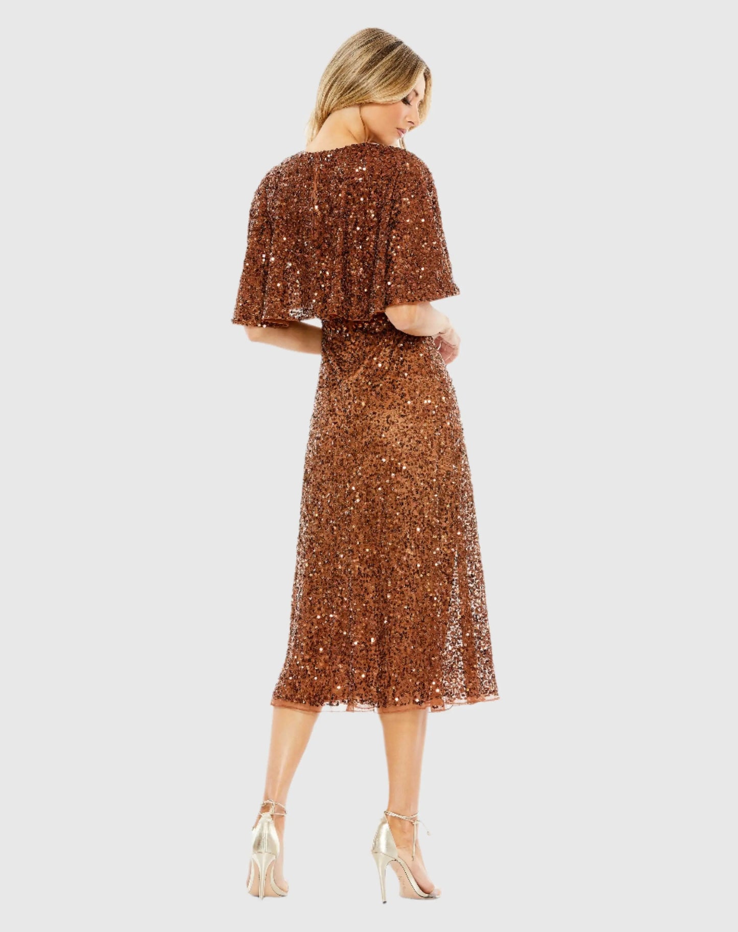 Brown Embellished Cape High Neck Midi Dress - Mac Duggal