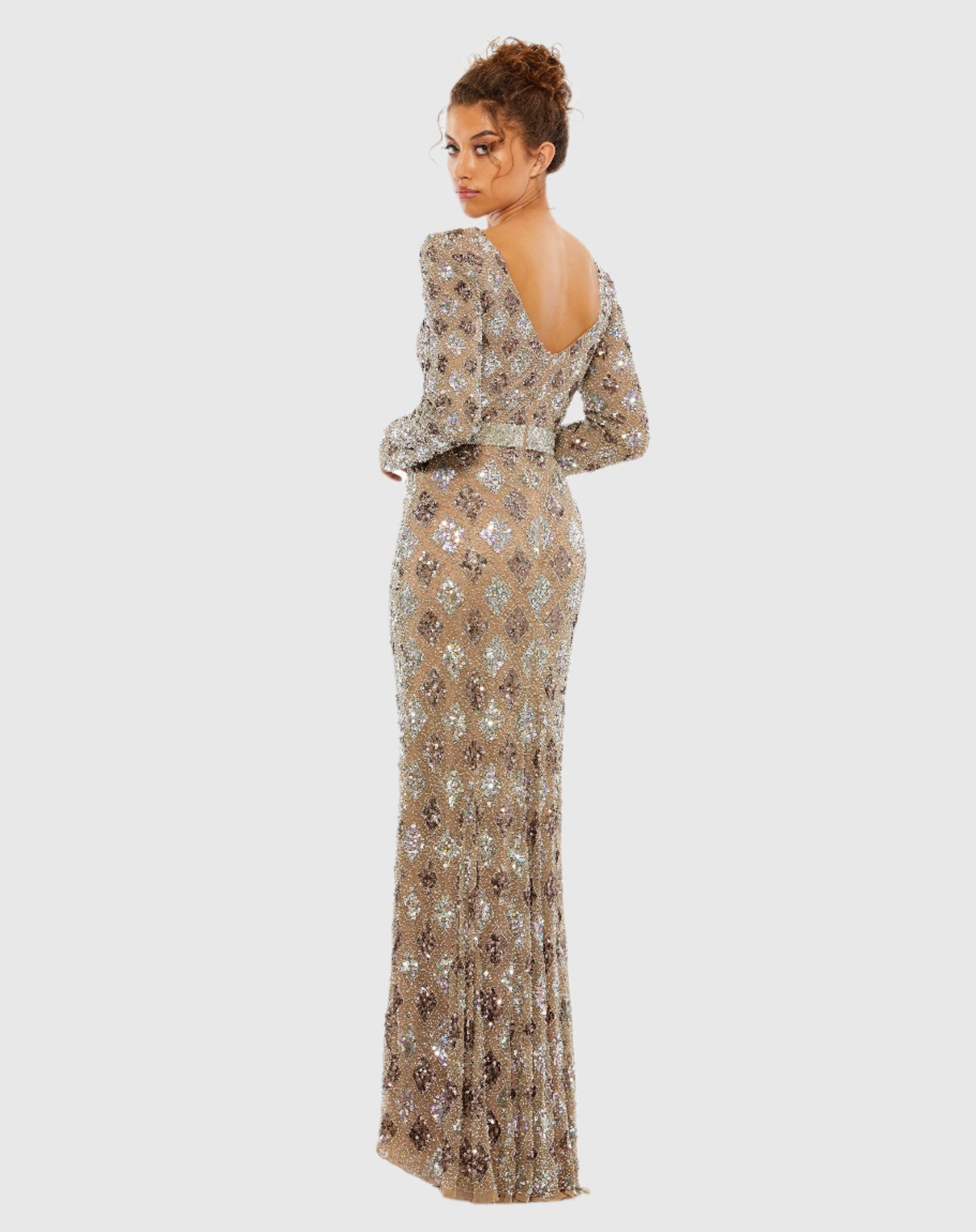 Brown Geometric Embellished Evening Gown Mac Duggal