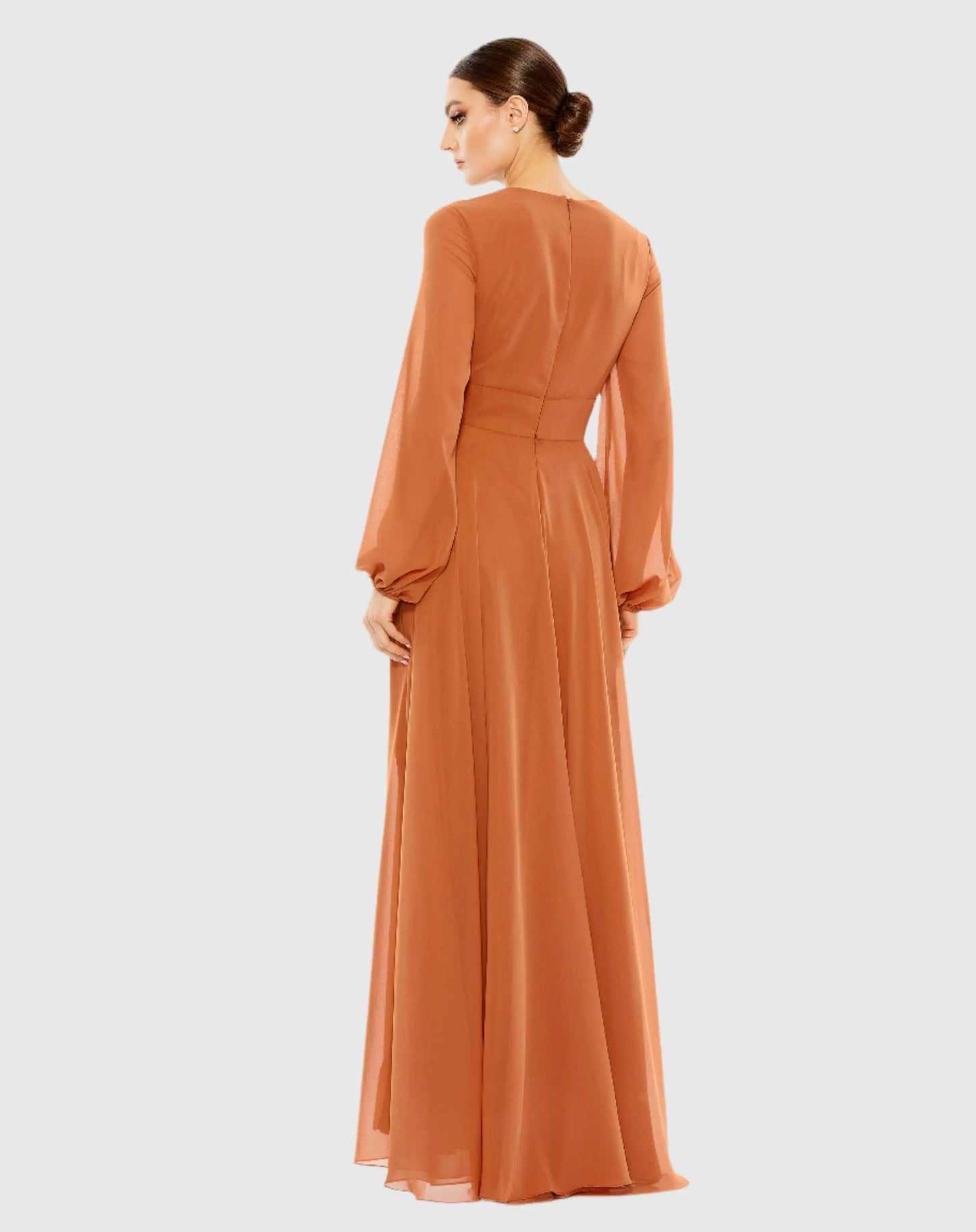 Brown V-Neck Illusion Long Sleeve Chiffon Gown - Mac Duggal
