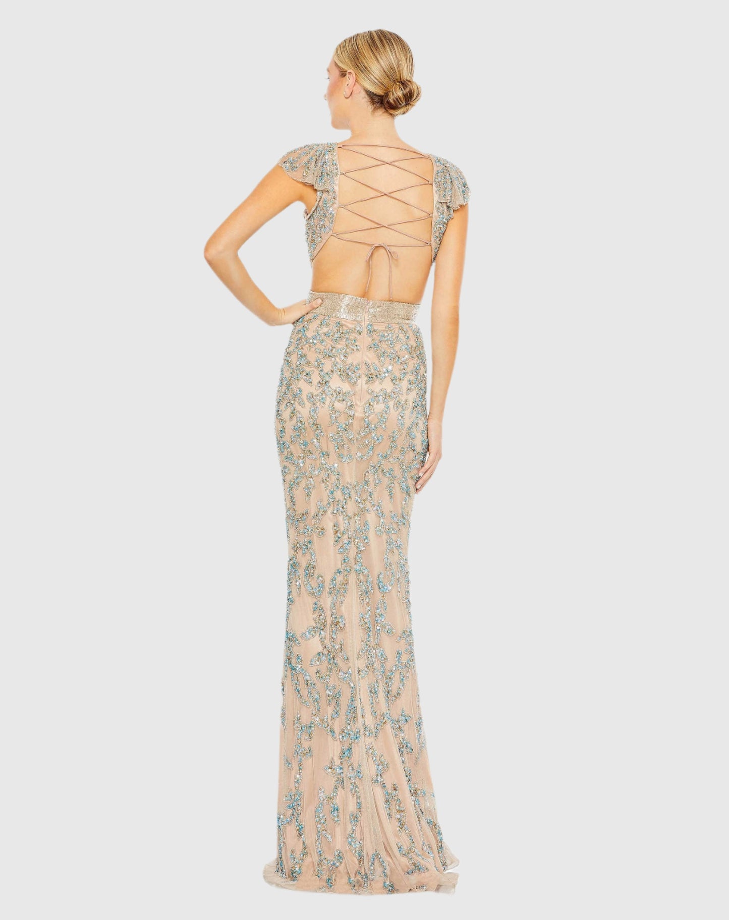 Damask Sequin Embellished Open Back Lace Up Cap Sleeve Gown - Mac Duggal