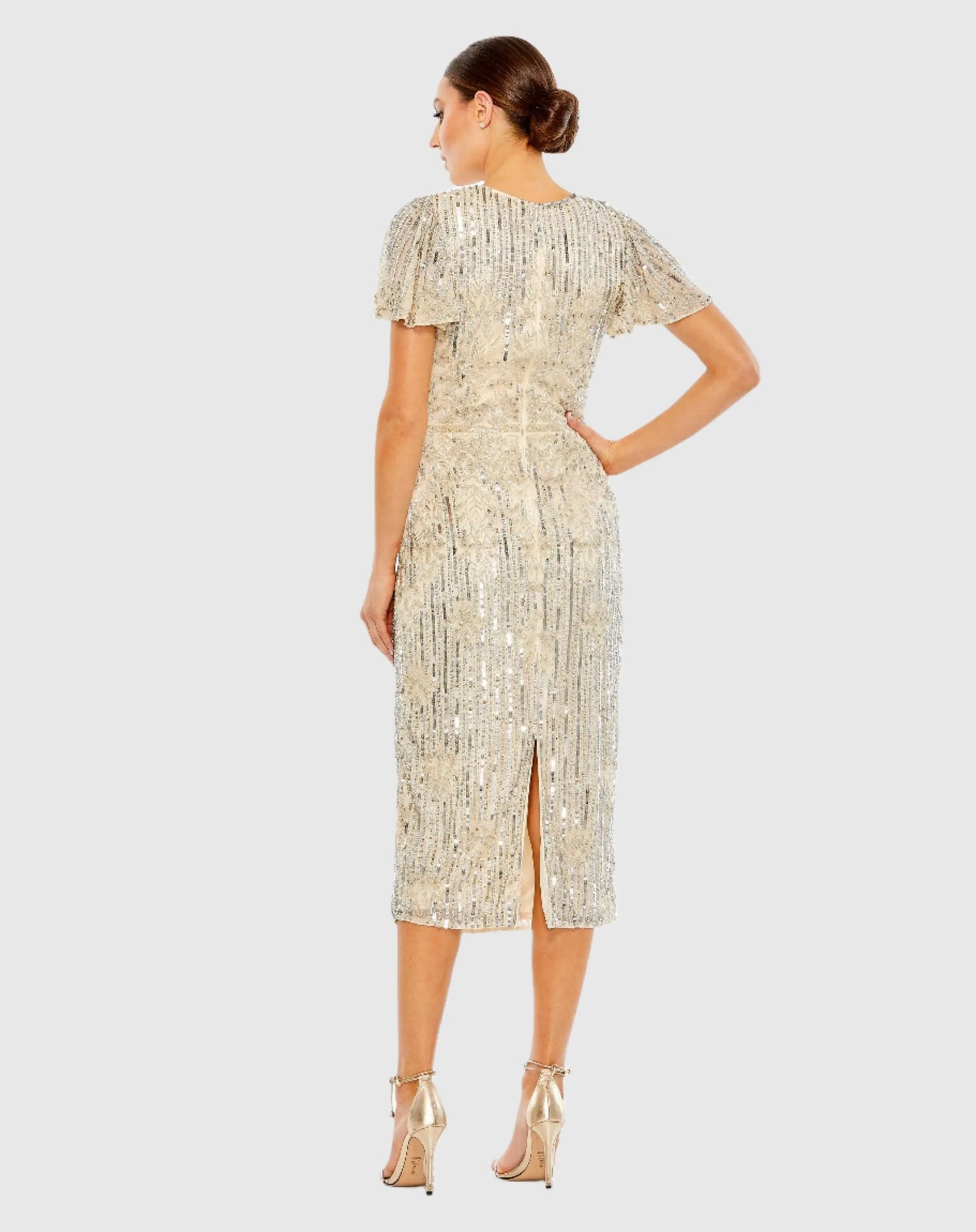 Embellished Flutter Sleeve High Neck Dress - Mac Duggal