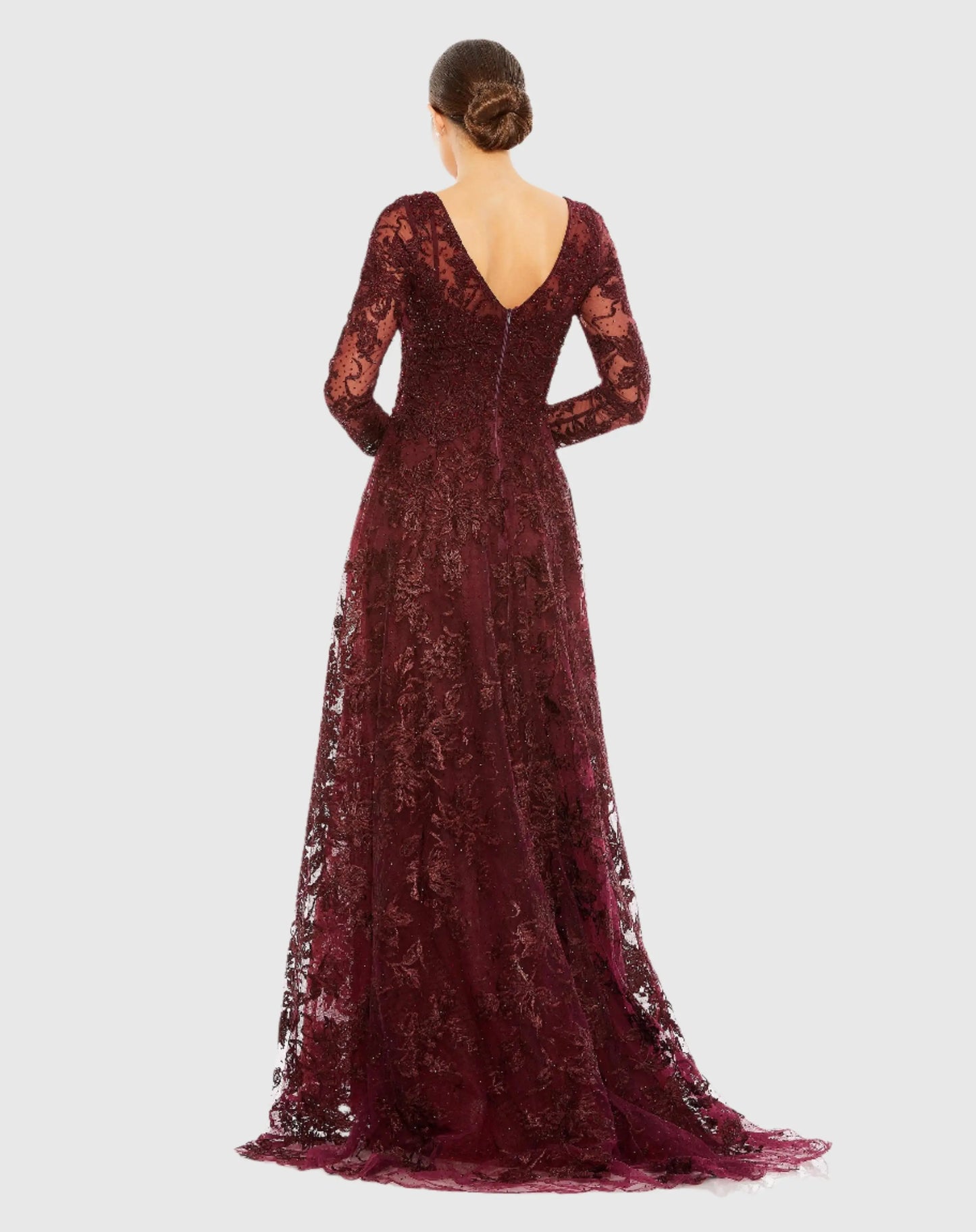 Embroidered Illusion Long Sleeve V Neck Gown - Mac Duggal