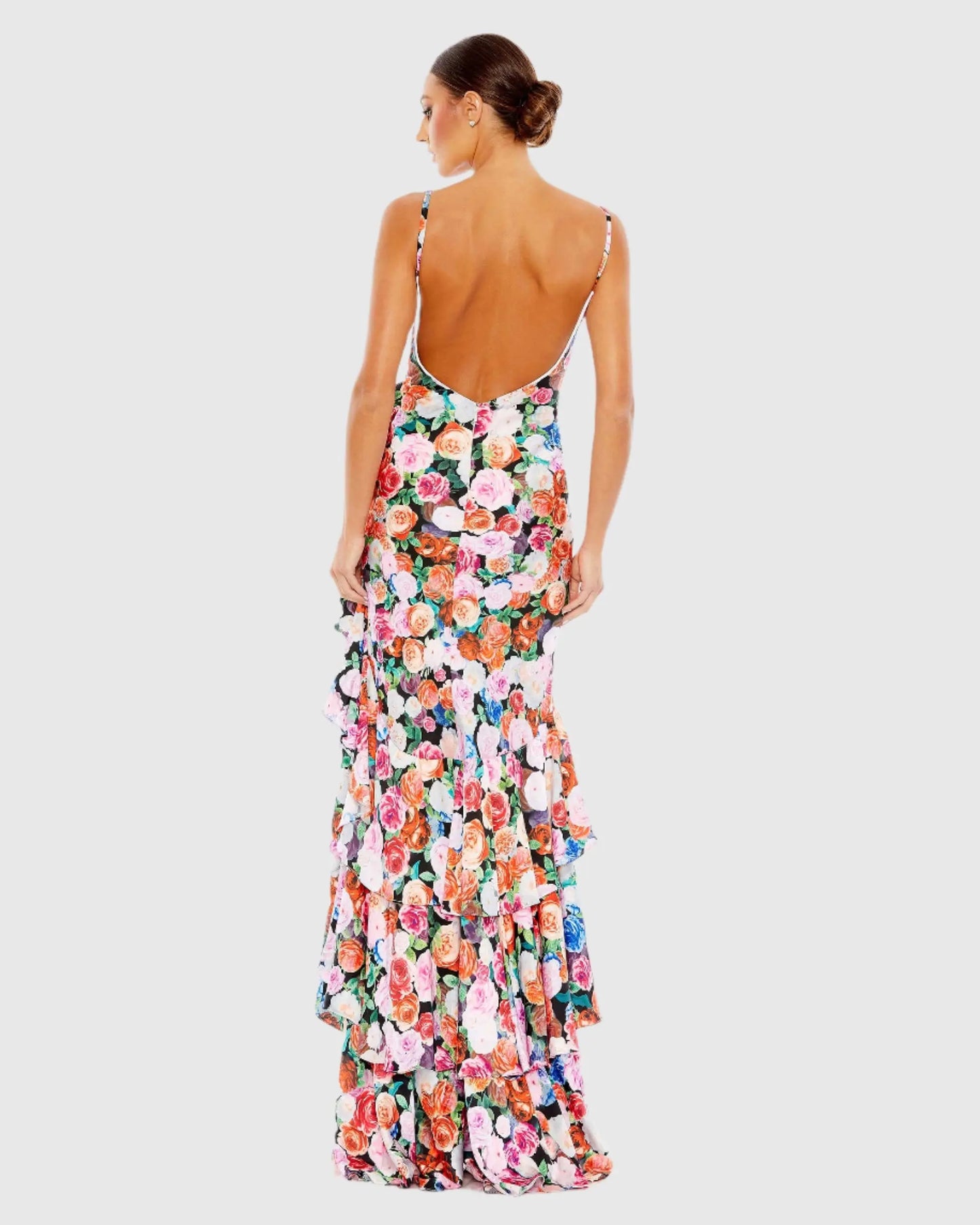 Floral Print Asymmetrical Ruffle Hem Gown - Mac Duggal
