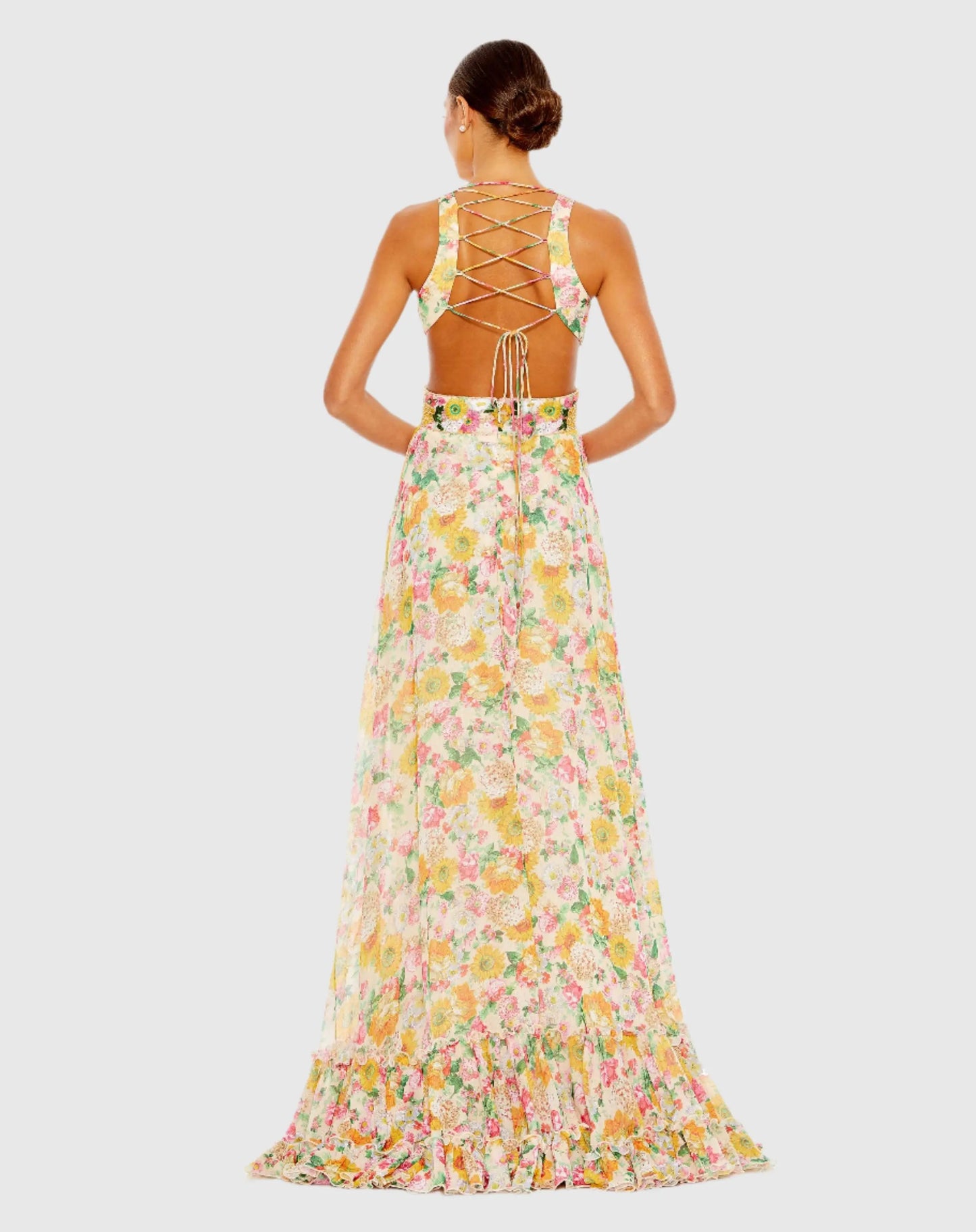 Floral Print Cut Out Lace Up Tiered Gown - FINAL SALE - Mac Duggal