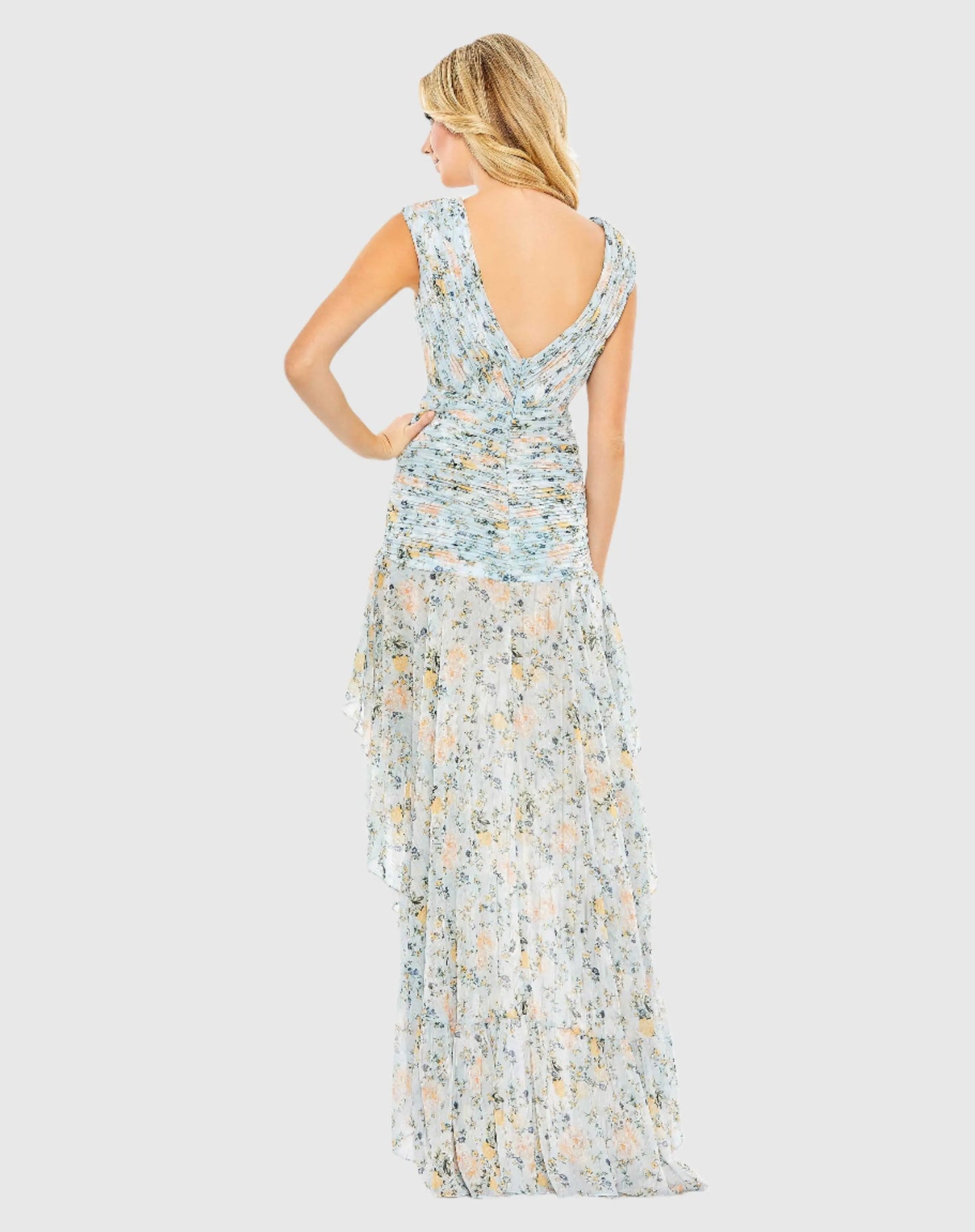 Floral Print Ruched Cap Sleeve High Low Gown - Mac Duggal