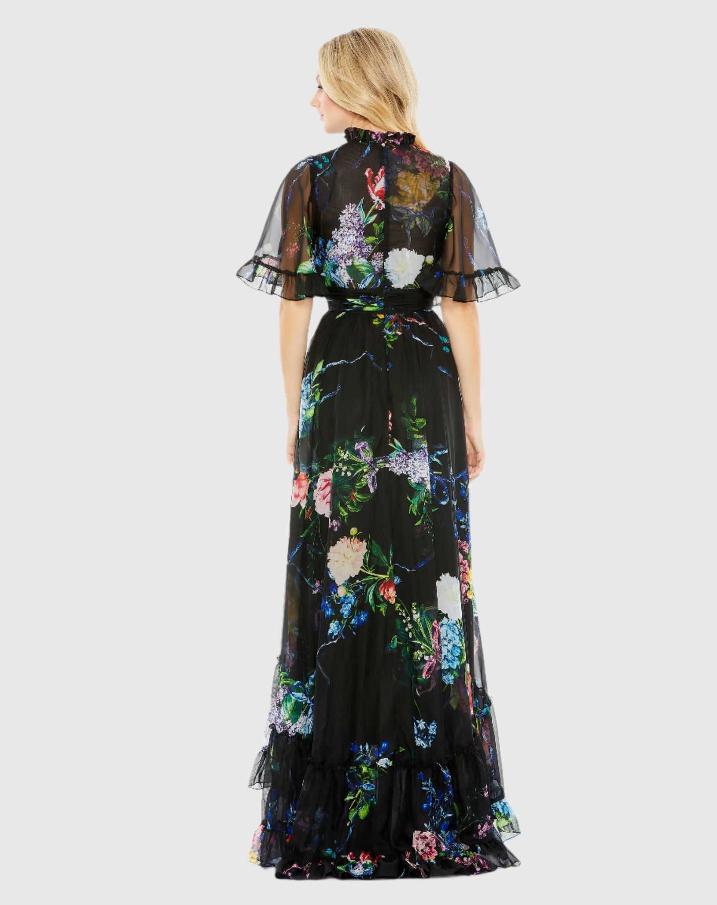 Floral Print Ruffled High Neck Flutter Sleeve Gown - Mac Duggal