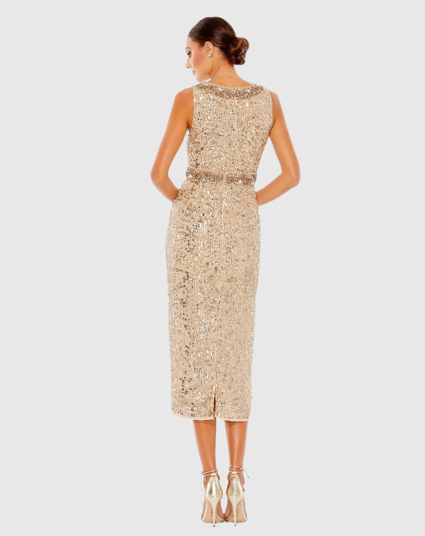 Gold Embellished Sleeveless High Neck Midi Dress Mac Duggal