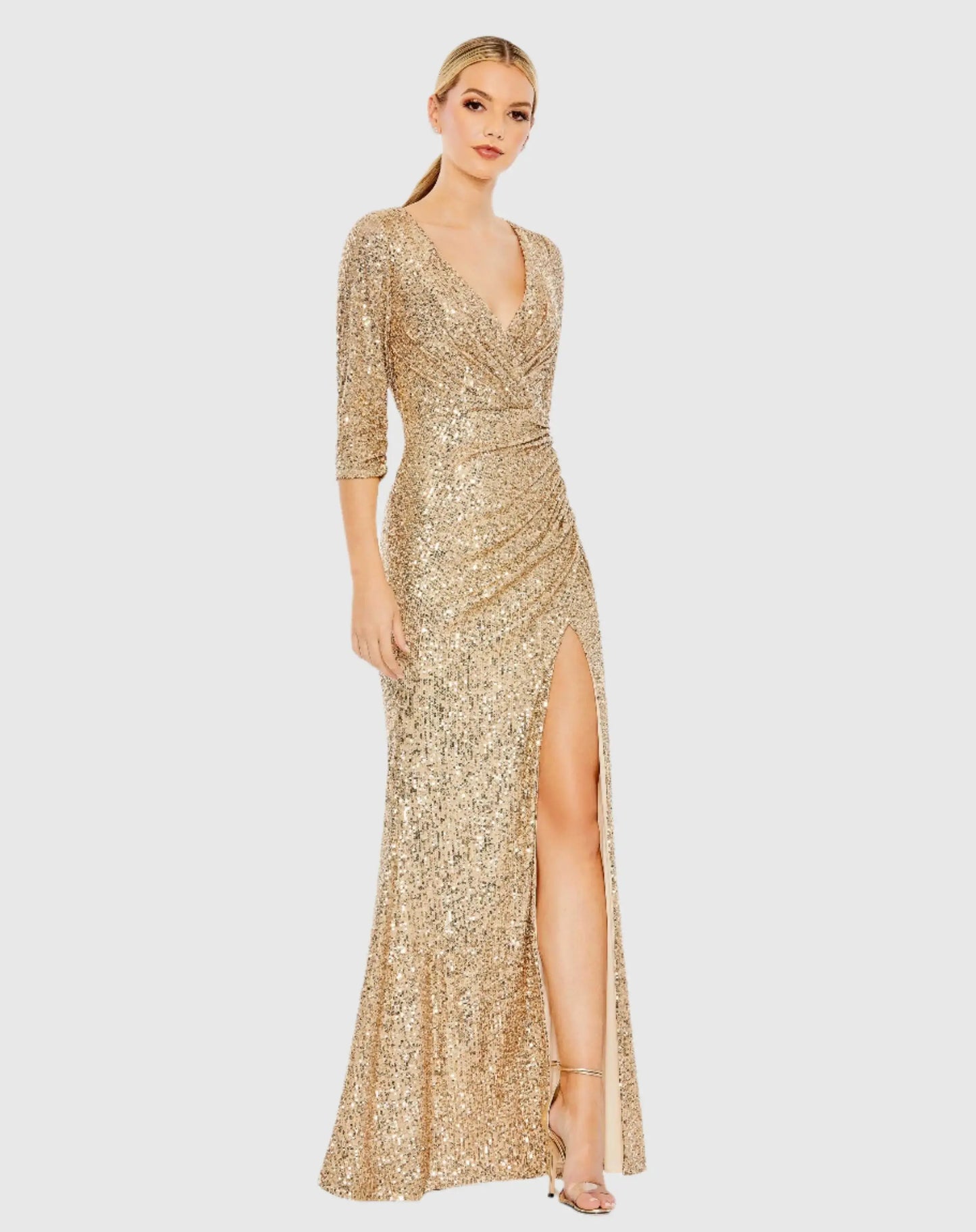 Gold Sequined Draped 3/4 Sleeve Gown - Mac Duggal