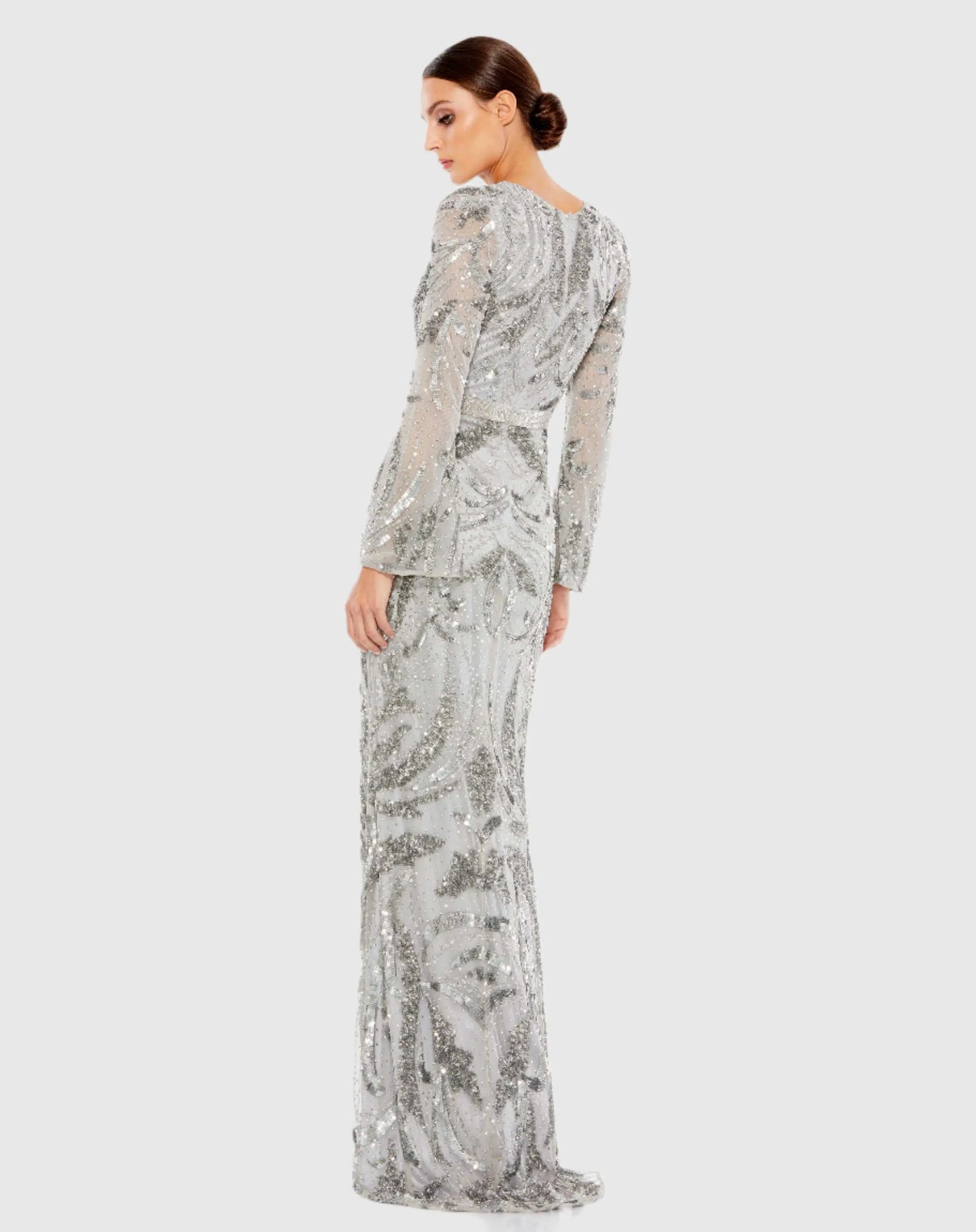 Gray Sequined Faux Wrap Split Long Sleeve Gown - Mac Duggal