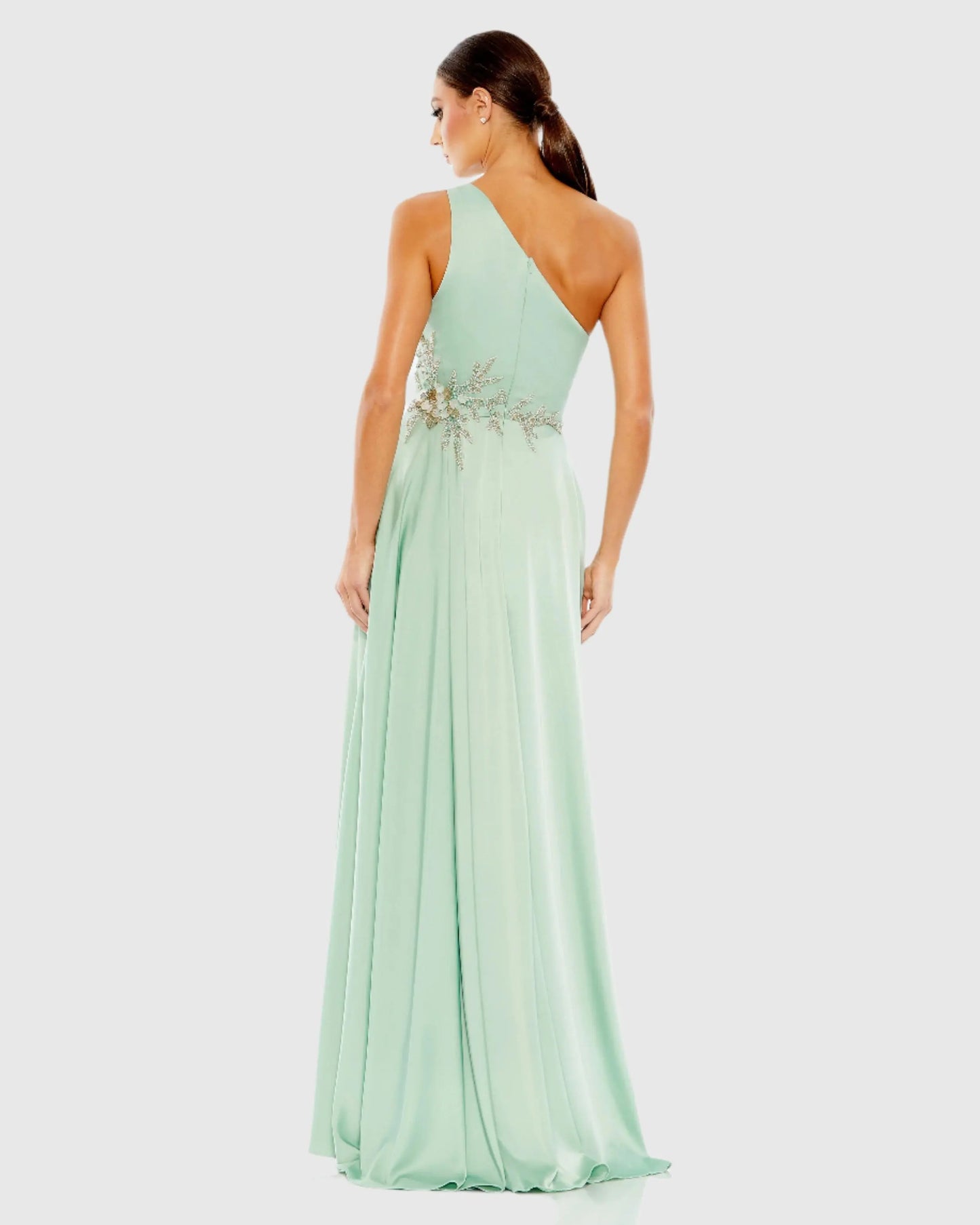 Green Embellished One Shoulder Asymmetrical Gown - Mac Duggal