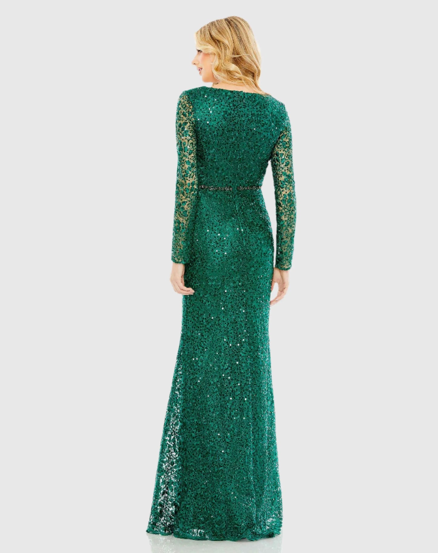 Green Embellished Wrap Over Long Sleeve Gown - Mac Duggal