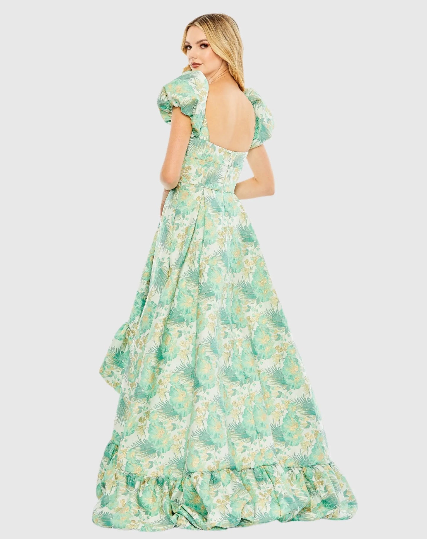 Green Floral Print Puff Sleeve High Low Brocade Gown - Mac Duggal