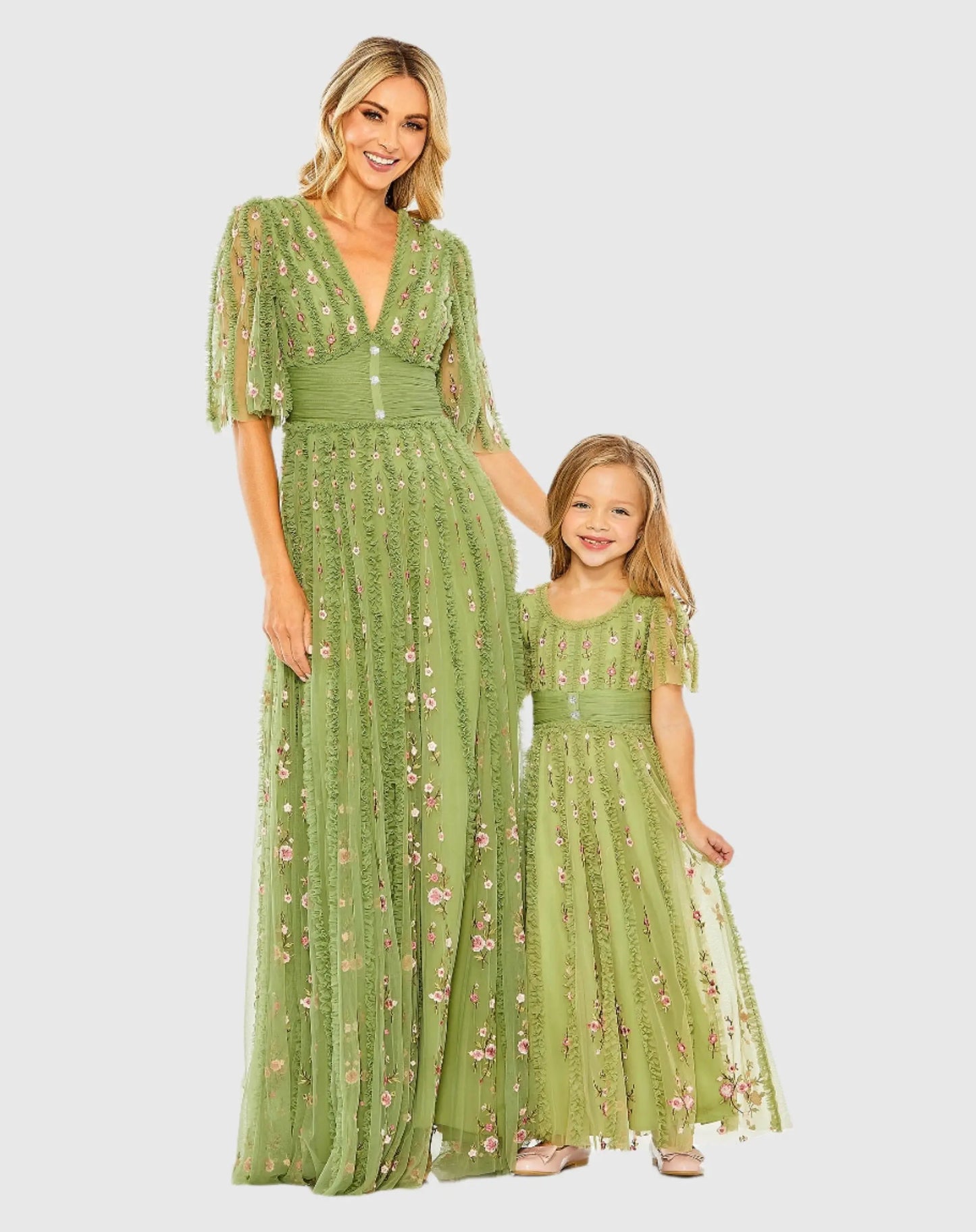 Green Floral V-Neck Ruffle Detail Empire Waist Gown - Mac Duggal