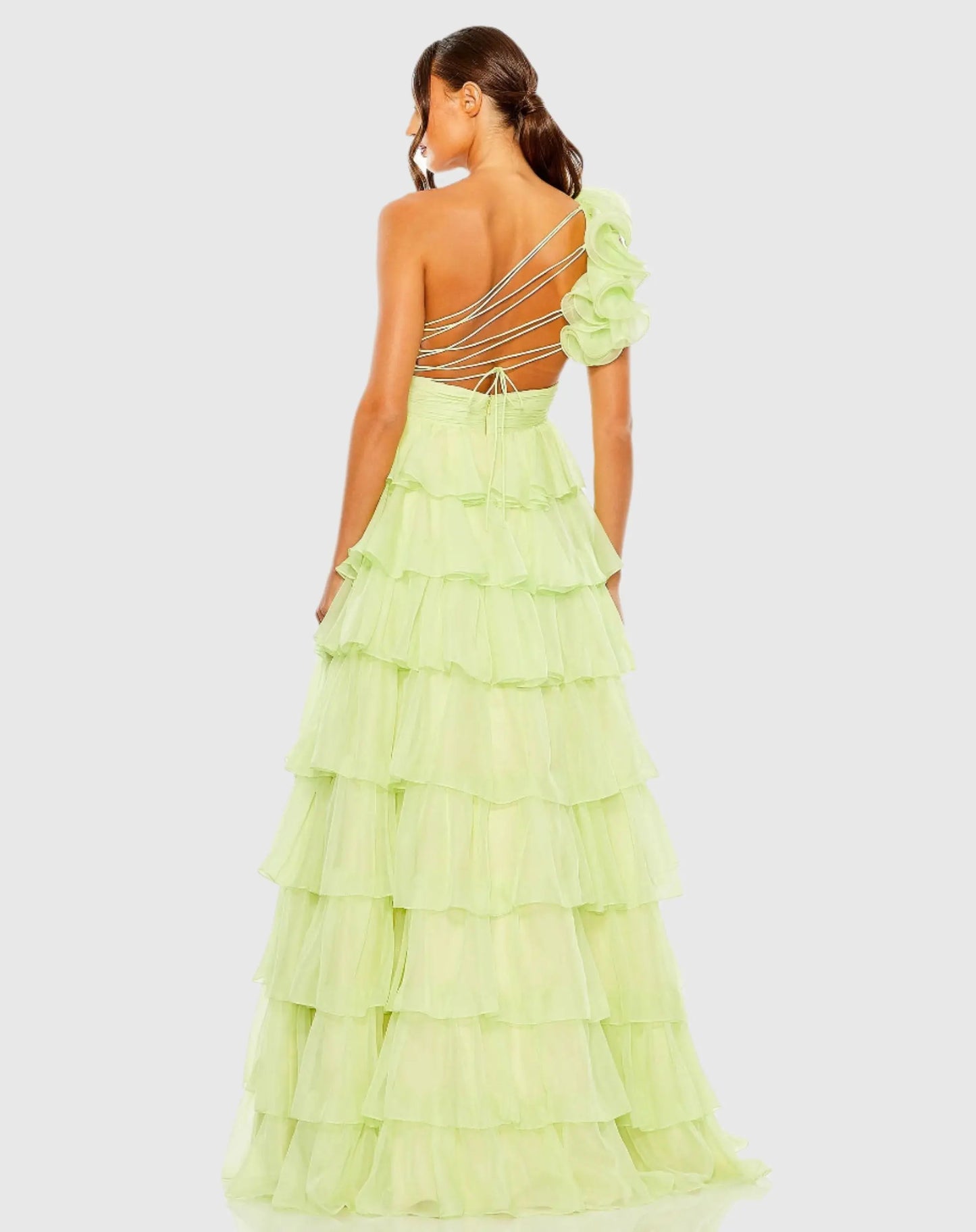 Green One Shoulder Ruffle Tiered Ballgown - Mac Duggal