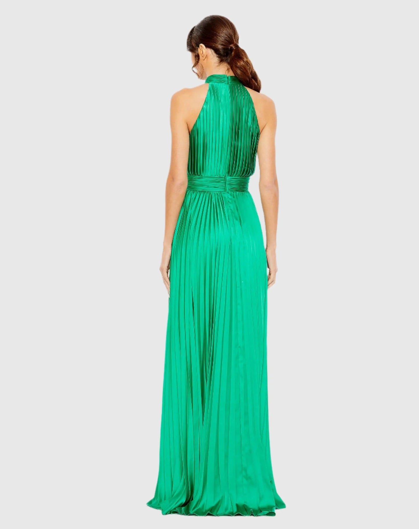 Green Pleated High Neck Satin Sleeveless Halter Gown - Mac Duggal