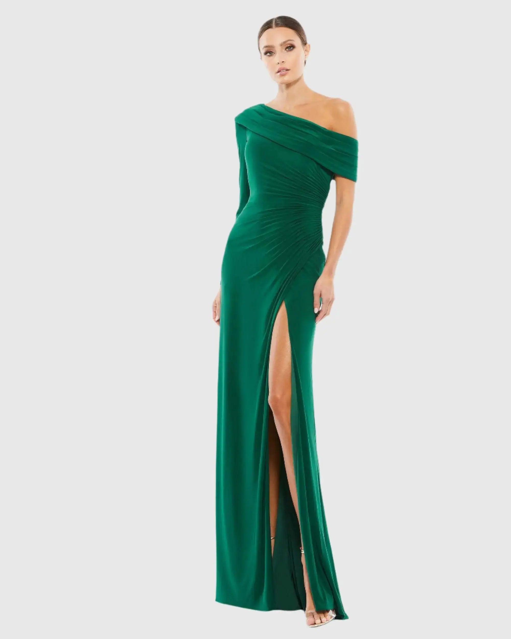 Green Ruched Jersey Drop Shoulder Foldover Gown - Mac Duggal Green Ruched Jersey Drop Shoulder Foldover Gown - Mac Duggal