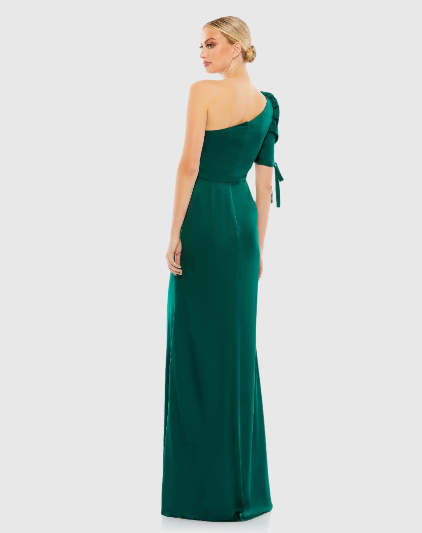 Green Satin One Shoulder Puff Sleeve Trumpet Gown - Mac Duggal