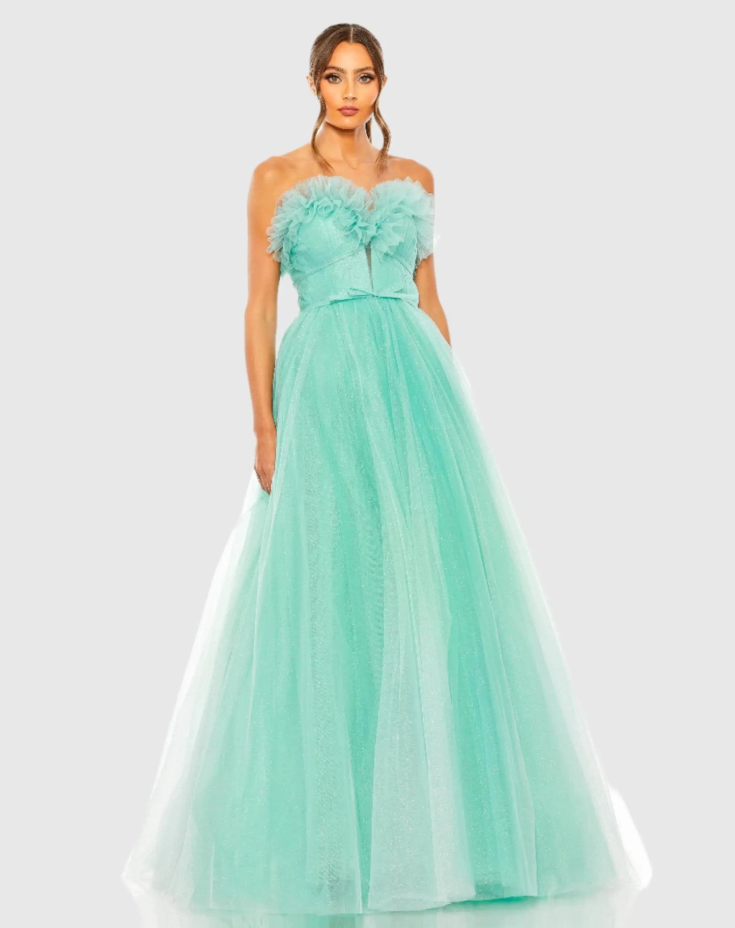 Green Strapless Glitter Tulle Gown