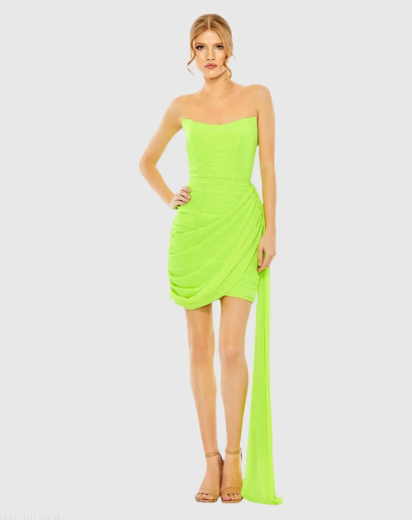 Green Strapless Ruched Faux Wrap Dress - Mac Duggal