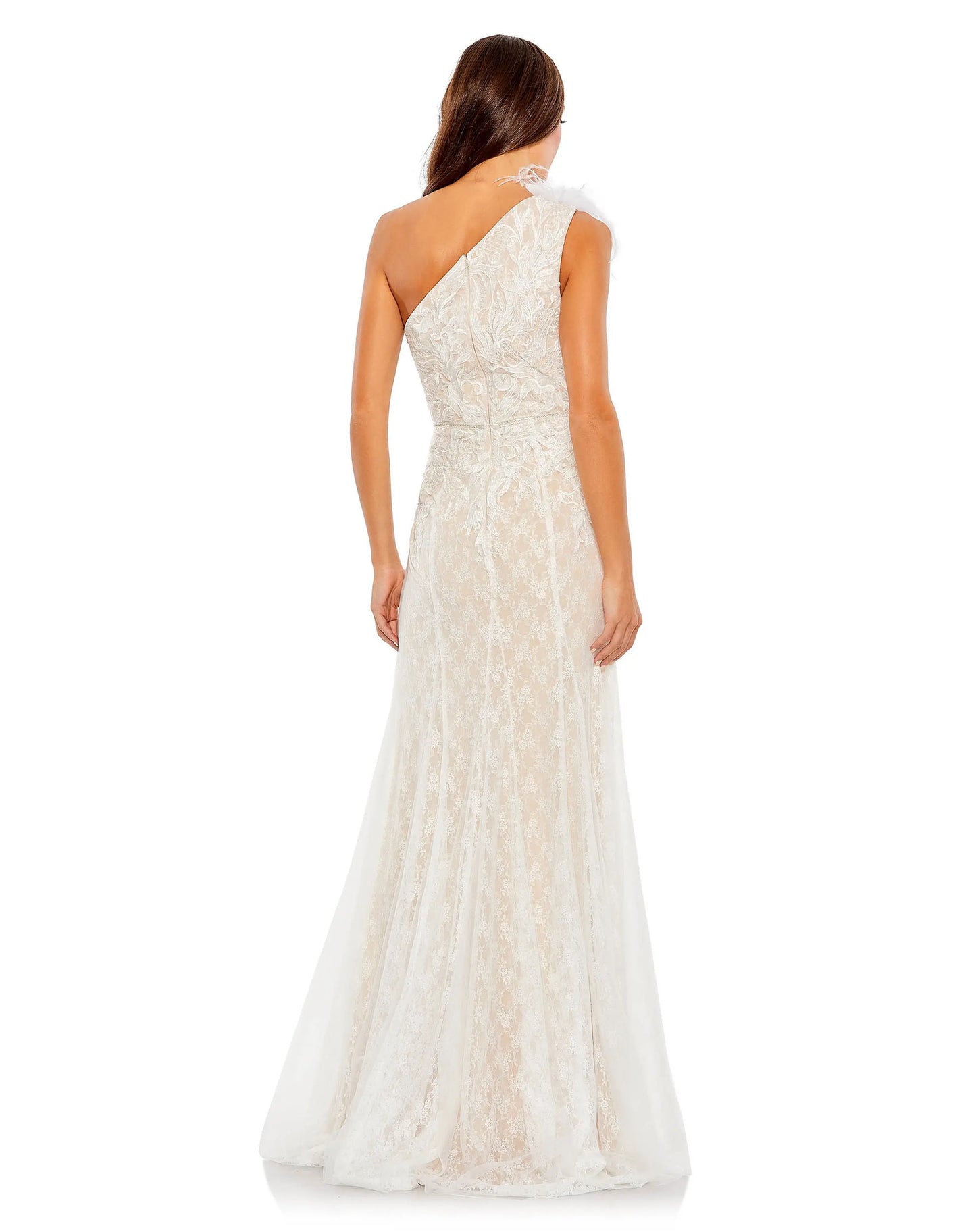 Lace Embellished Feathered One Shoulder Gown - Mac Duggal