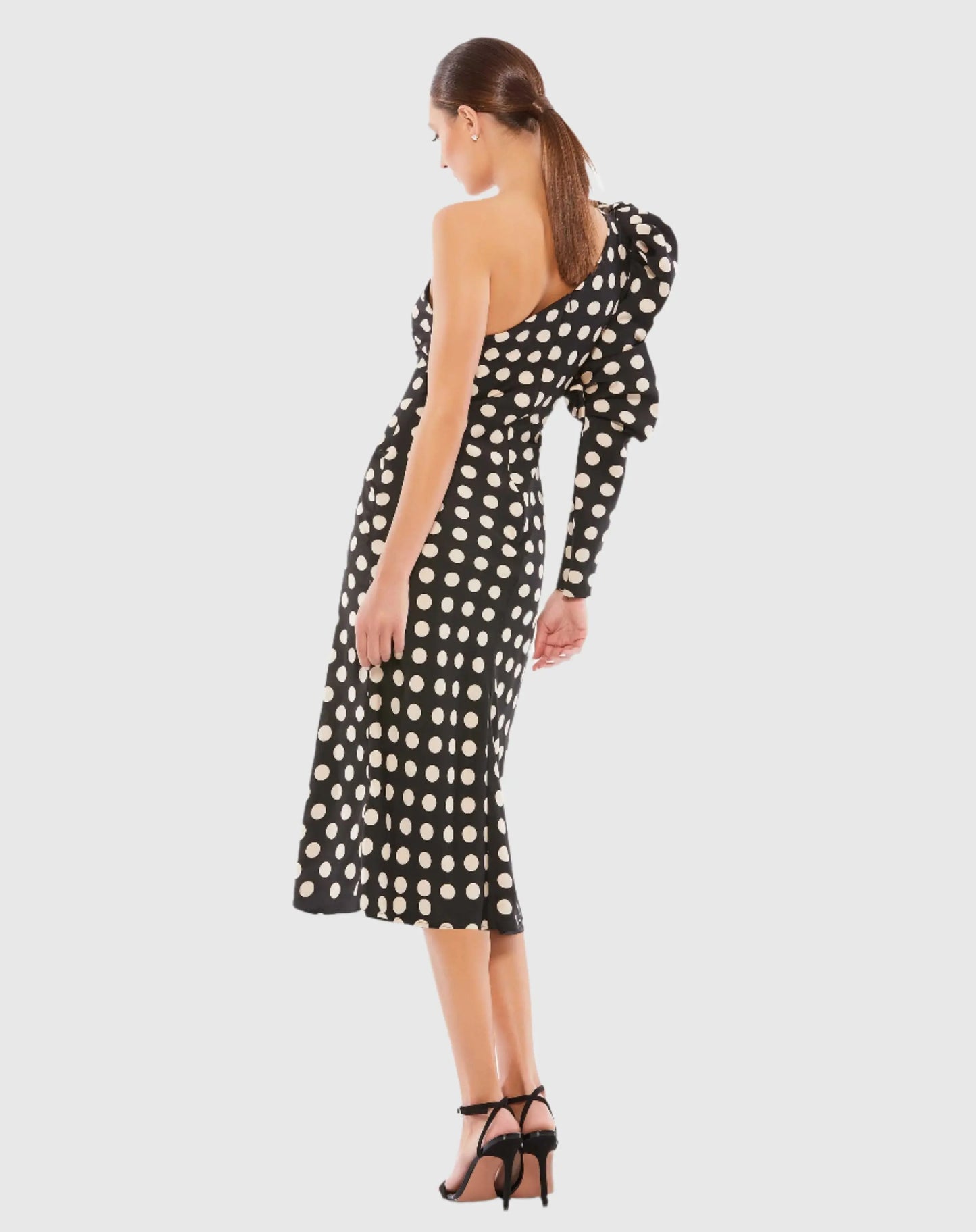 Long Puff Sleeve Polka Dot Tea Length Dress - Mac Duggal