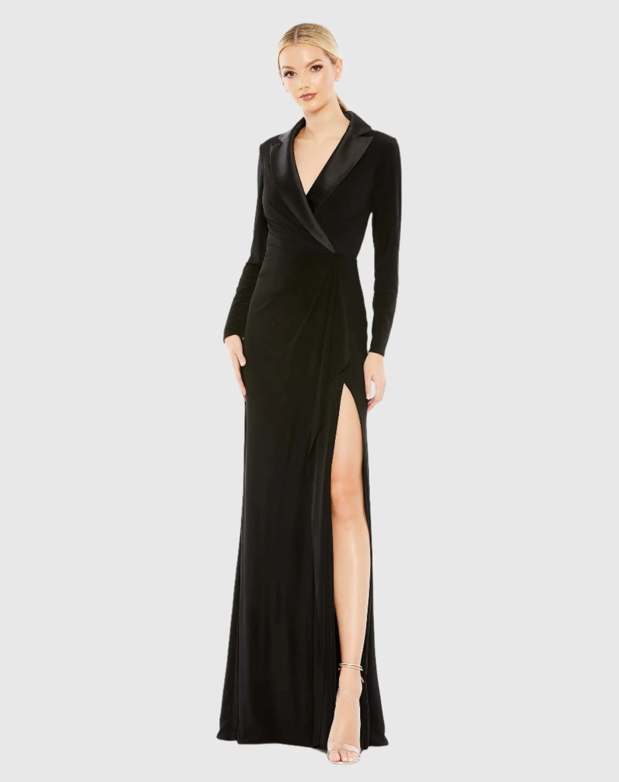 mac duggal black dress long sleeve Black Embellished Jersey Long Sleeve Cut Out Evening Gown