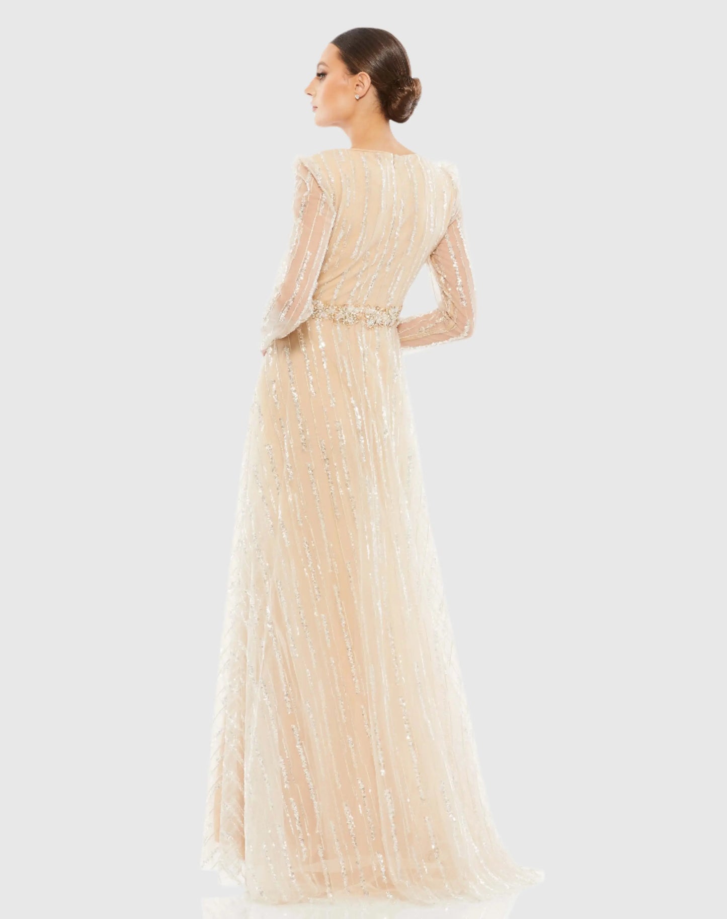 Long Sleeve Gown with Silver Sequin - Mac Duggal