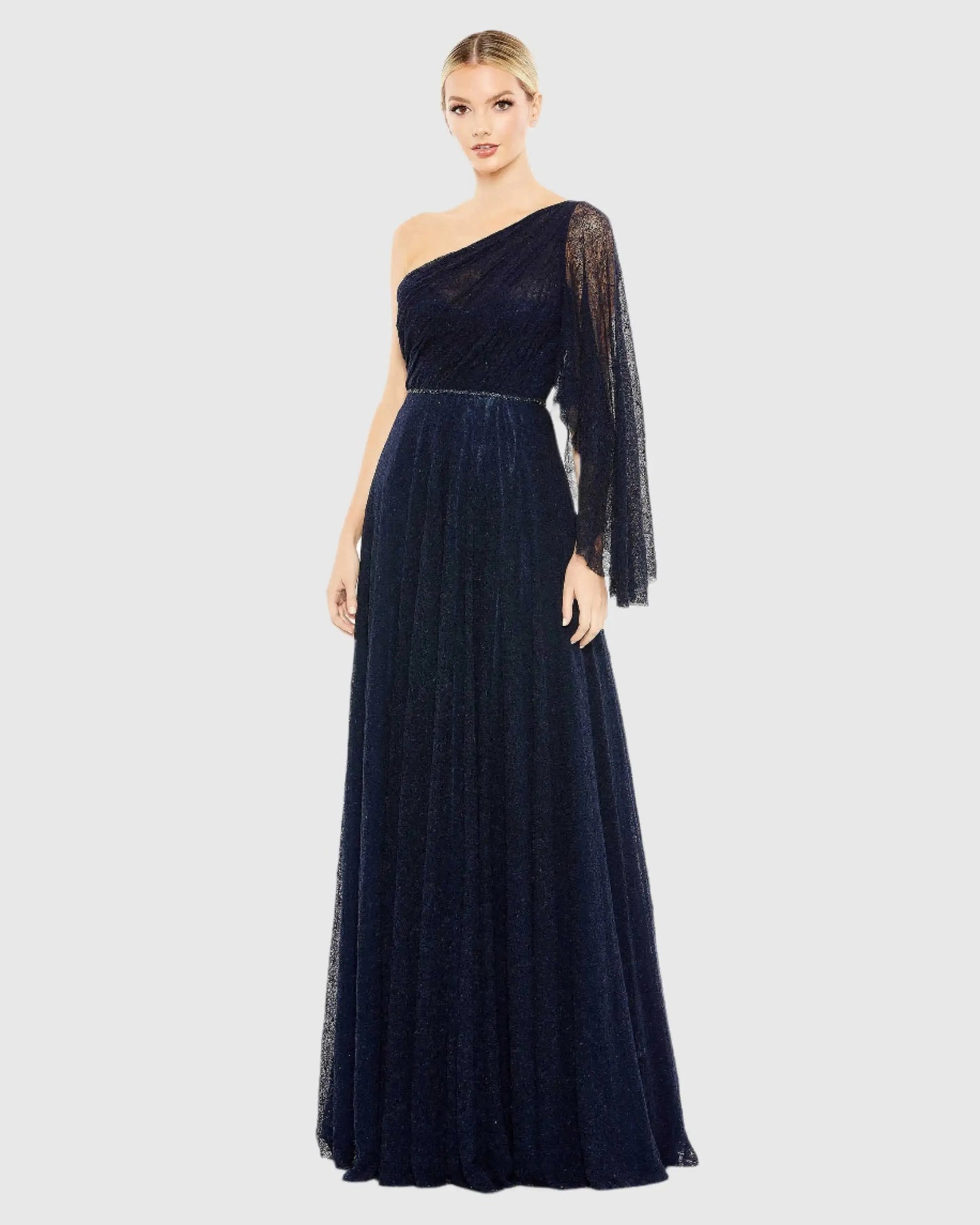 Navy Lace One Shoulder Illusion Sleeve A Line Gown