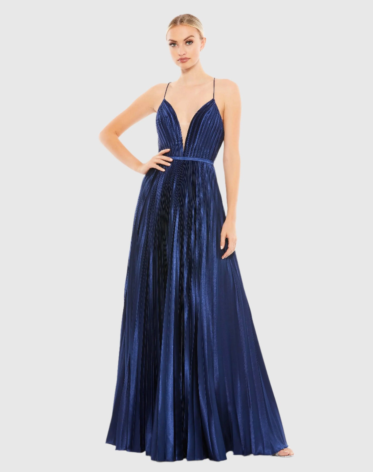 Navy Plunge Neck Pleated Evening Gown