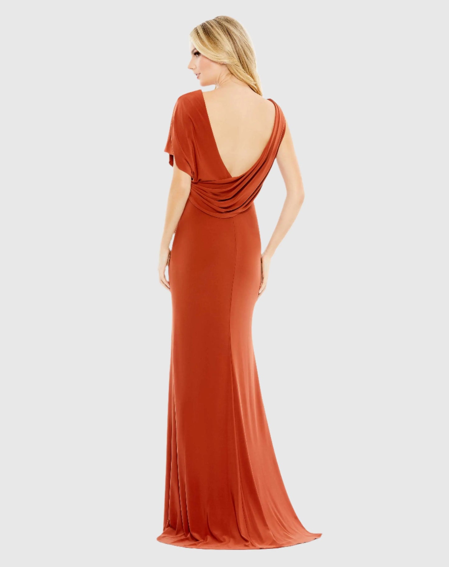 One Shoulder Sleeve Scoop Back Jersey Gown - Mac Duggal