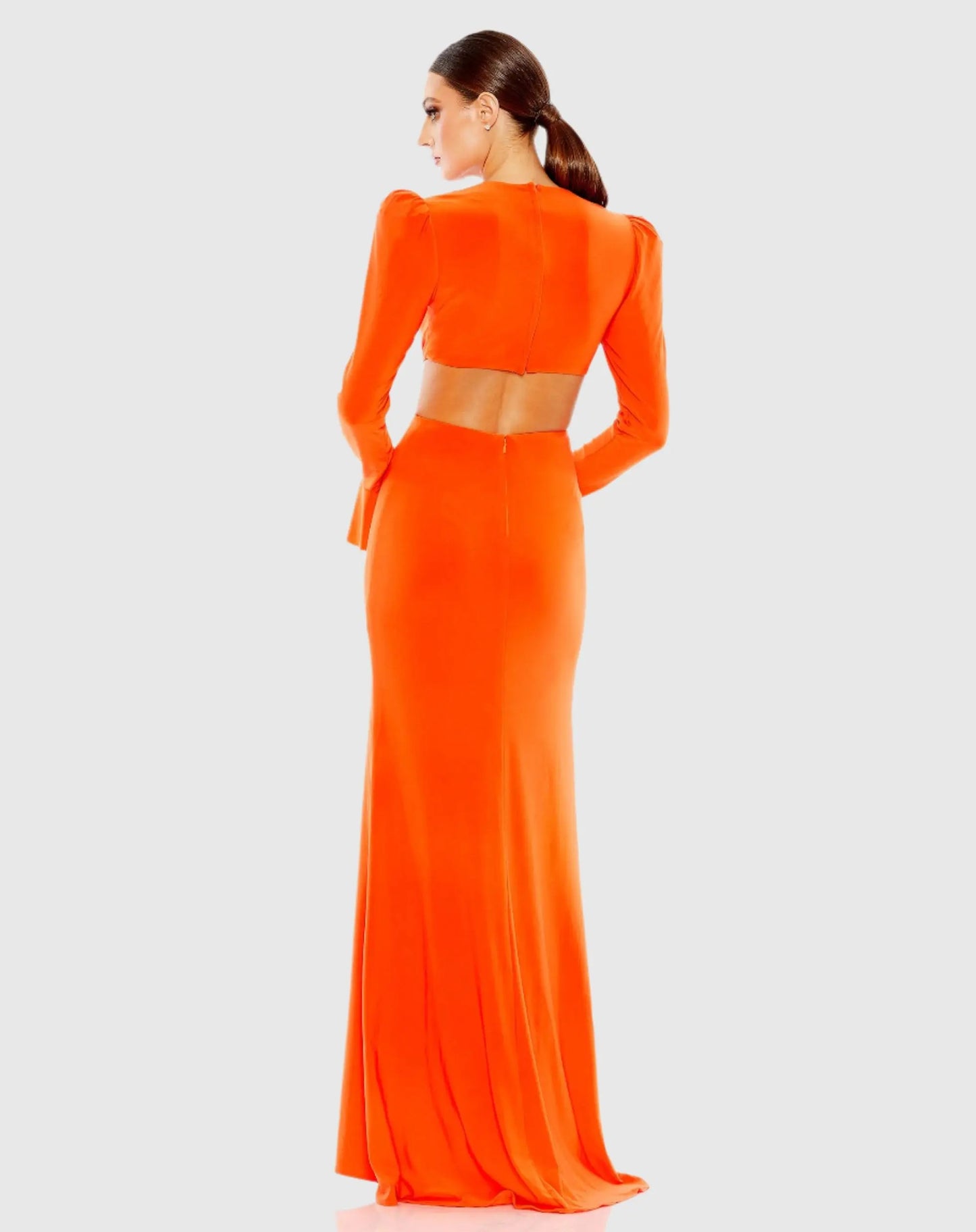 Orange Long Sleeve Puff Shoulder Cut Out Gown - Mac Duggal