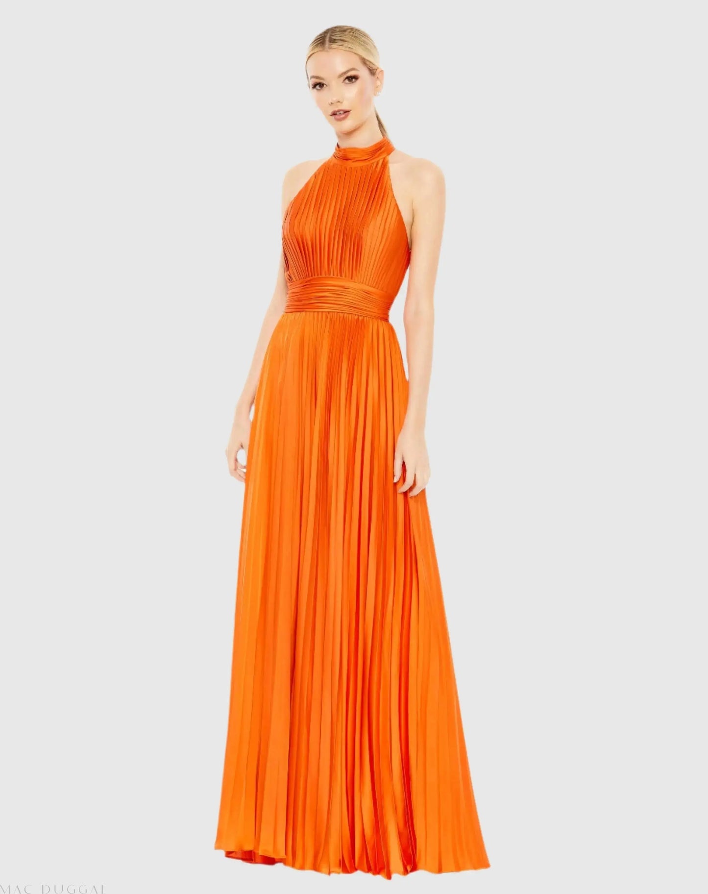 Orange Pleated High Neck Satin Sleeveless Halter Gown