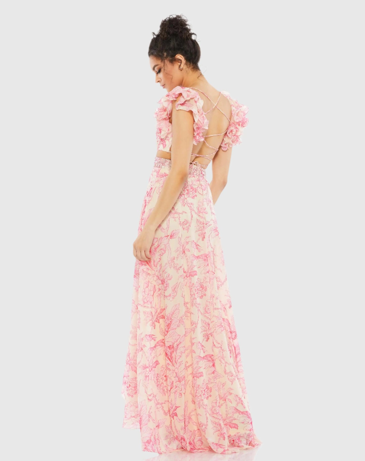 Floral Printed Ruffle Shoulder Lace Up Gown - Mac Duggal
