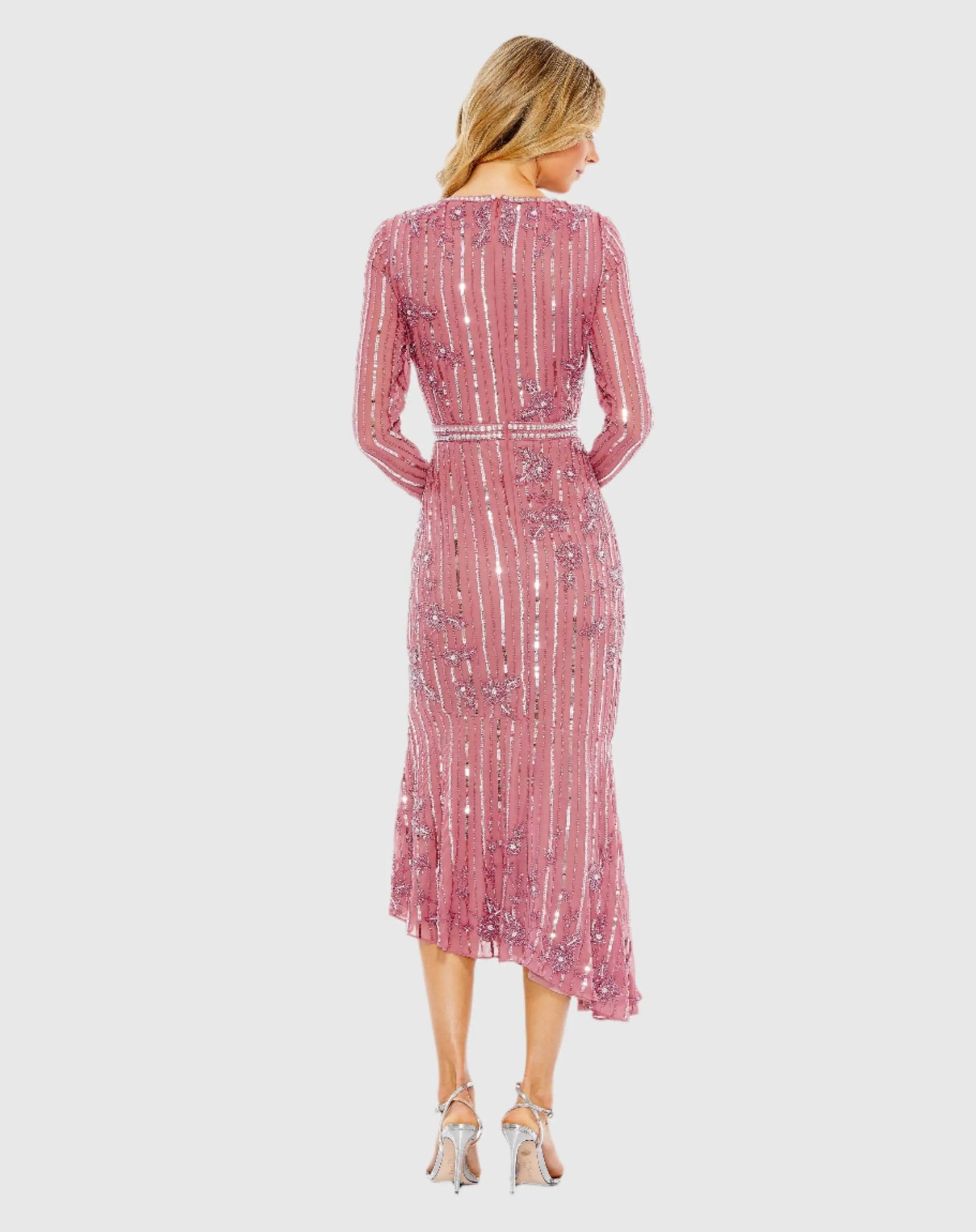 Pink Long Sleeve Embellished Tea Length Dress - Mac Duggal